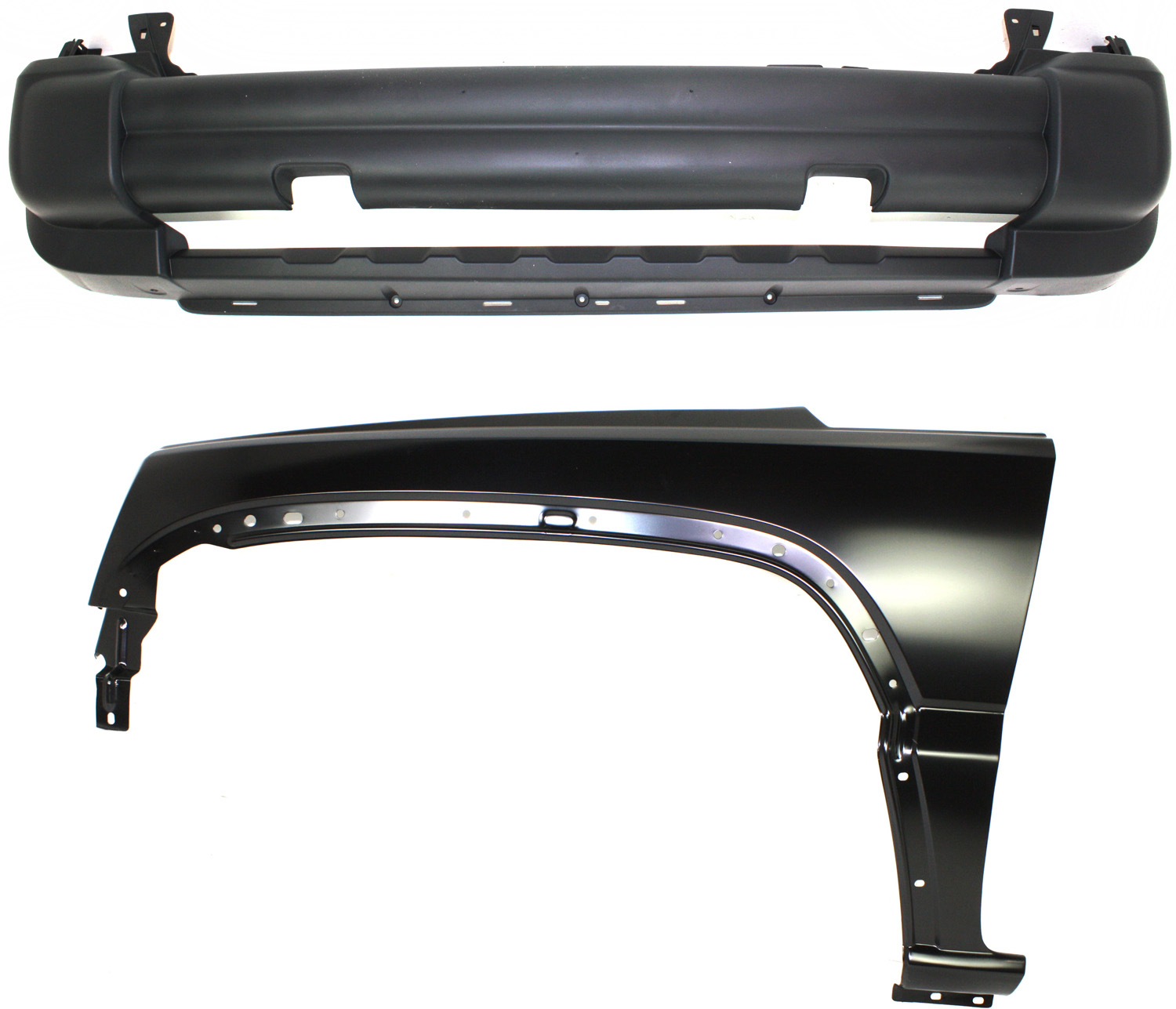 AM LIBERTY 05-07 FRONT BUMPER COVER 2 pc Kit with Fender SKU KIT 011418-134 Partslink CH1000454 CH1240248 OEM 5JG91CD7AB 5JG91CD7AD 55360599