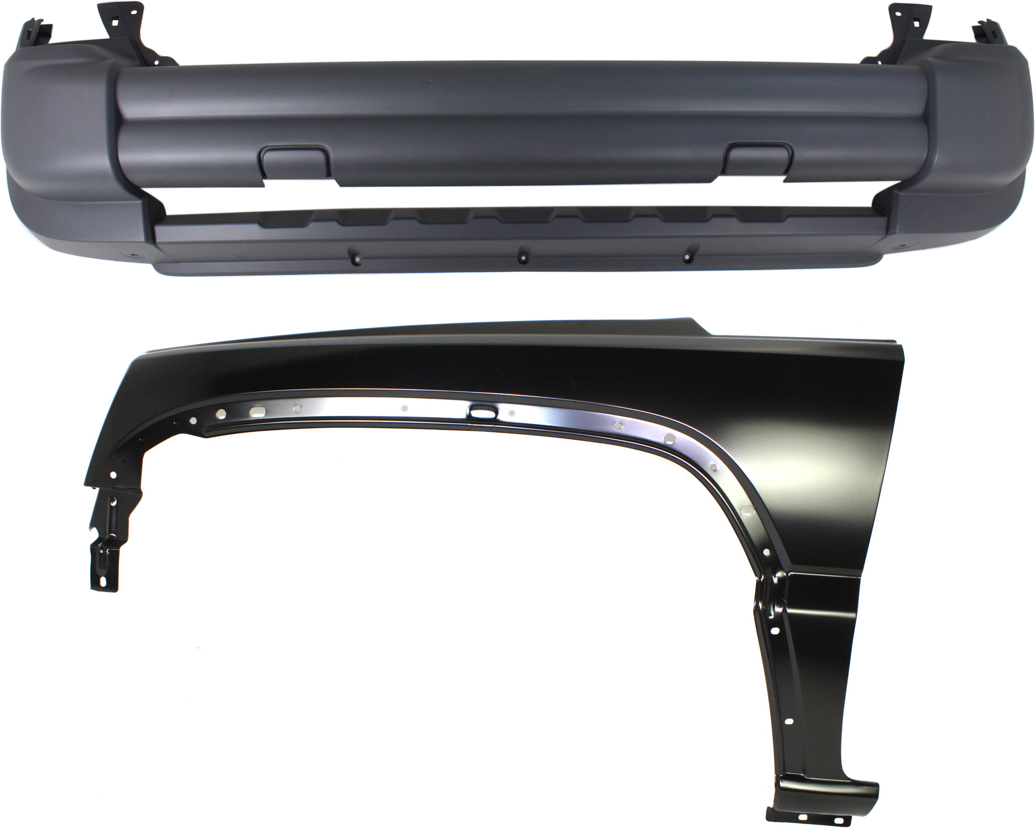 AM LIBERTY 05-07 FRONT BUMPER COVER 2 pc Kit with Fender SKU KIT 011418-135 Partslink CH1000923 CH1240248 OEM 5JG89BDLAB 5JG89BDLAC 55360599