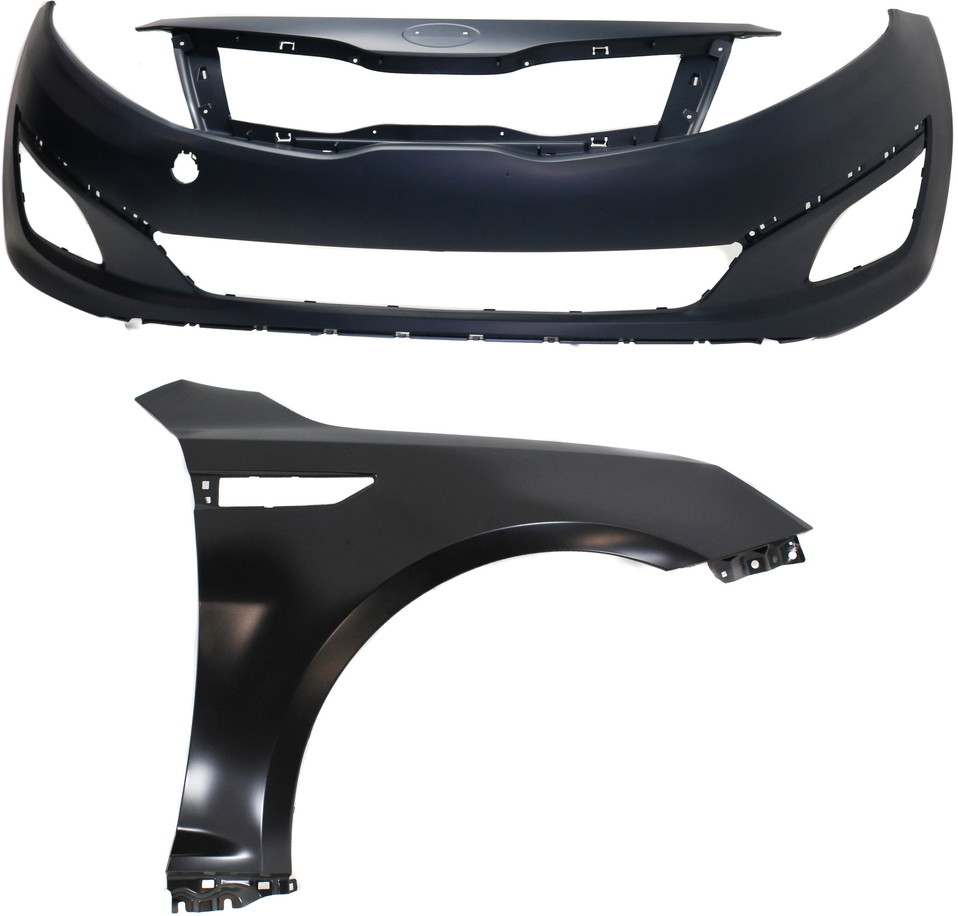AM OPTIMA 14-15 FRONT BUMPER COVER 2 pc Kit Primed w o parking aid sensor holes with Fender SKU KIT 011418-142 Partslink KI1000169 KI1241134 OEM 865112T500-663212T000