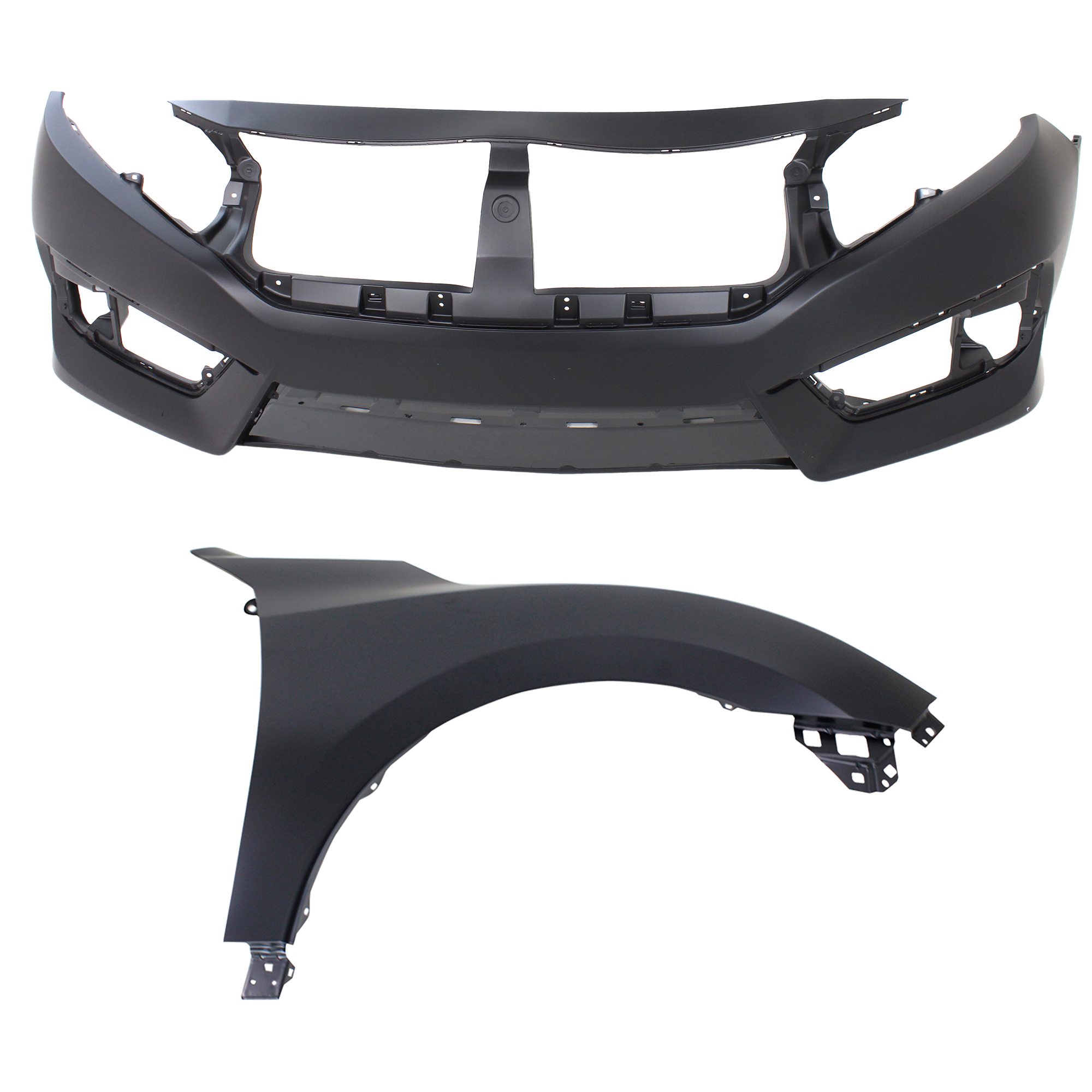AM CIVIC 16-18 FRONT BUMPER COVER Primed 2 pc Kit with Fender SKU KIT 011418-14 Partslink HO1000306 HO1241192 OEM 04711TBAA00ZZ 60211TBAA00ZZ