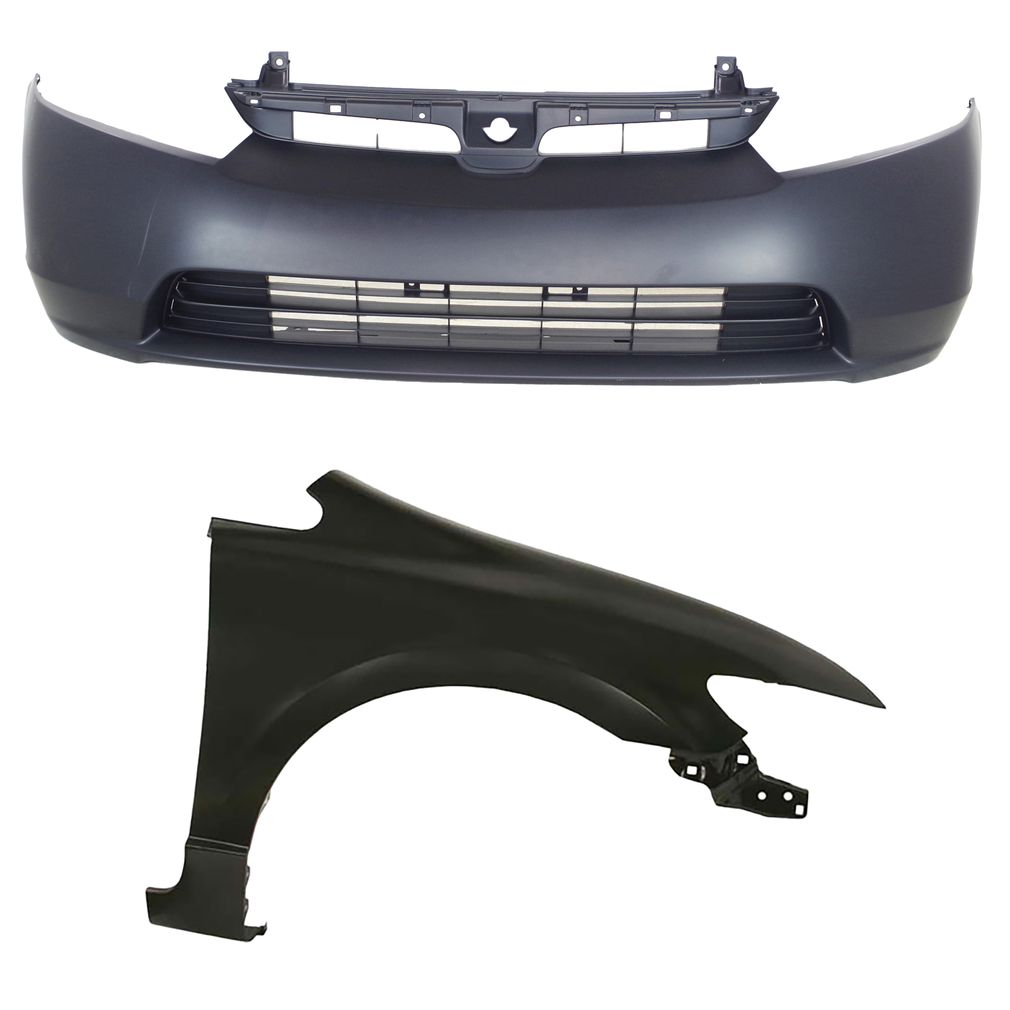 AM CIVIC 06-08 FRONT BUMPER COVER 2 pc Kit with Fender Sedan CAPA SKU KIT 011418-19 Partslink HO1000239C HO1241168C OEM 04711SNEA90ZZ 60211SNAA90ZZ