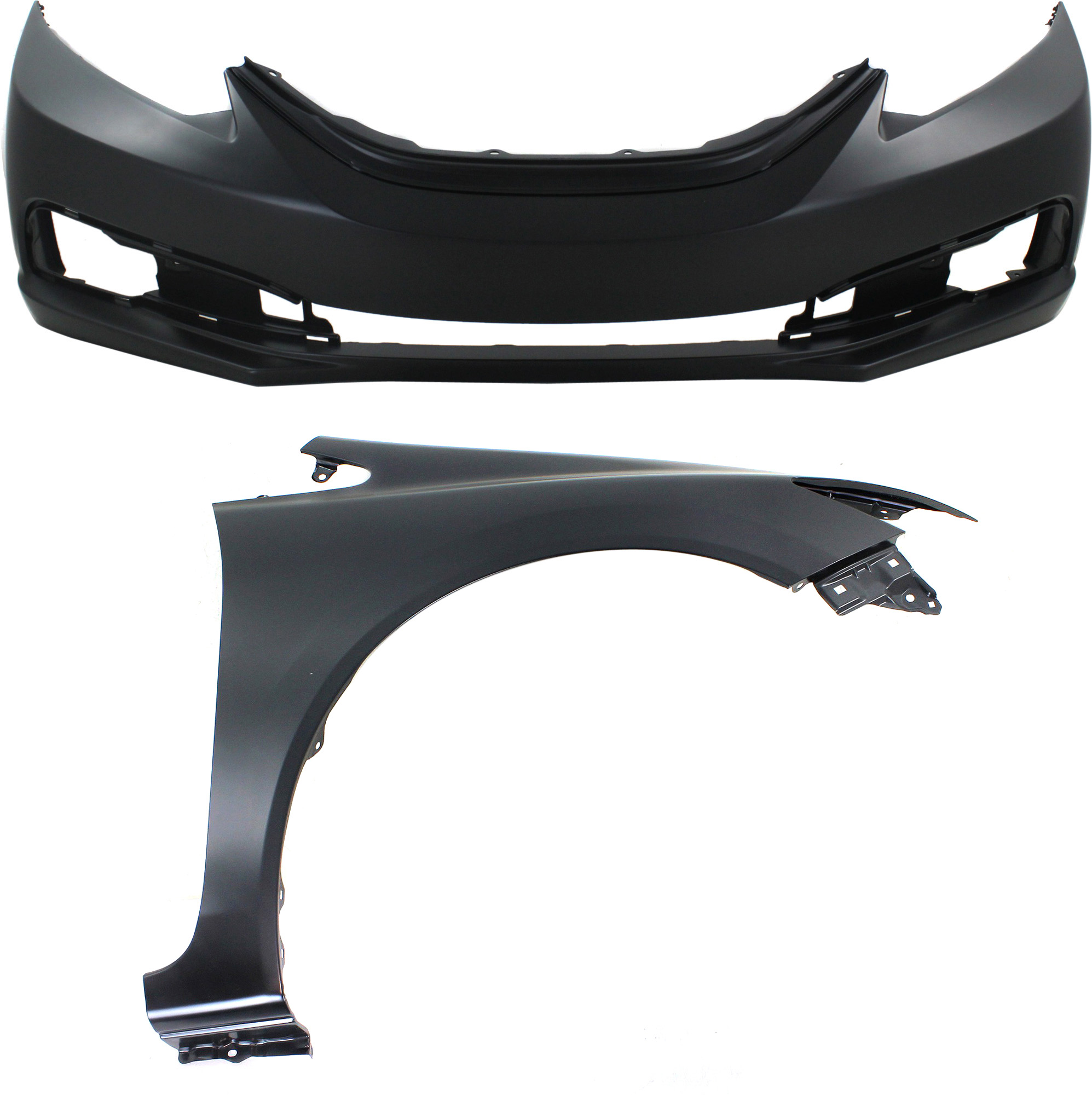AM CIVIC 13-15 FRONT BUMPER COVER Primed w Fog Light Holes 2 pc Kit with Fender CAPA SKU KIT 011418-25 Partslink HO1000290C HO1241181C OEM 04711TR3A50ZZ 60211TR6305ZZ