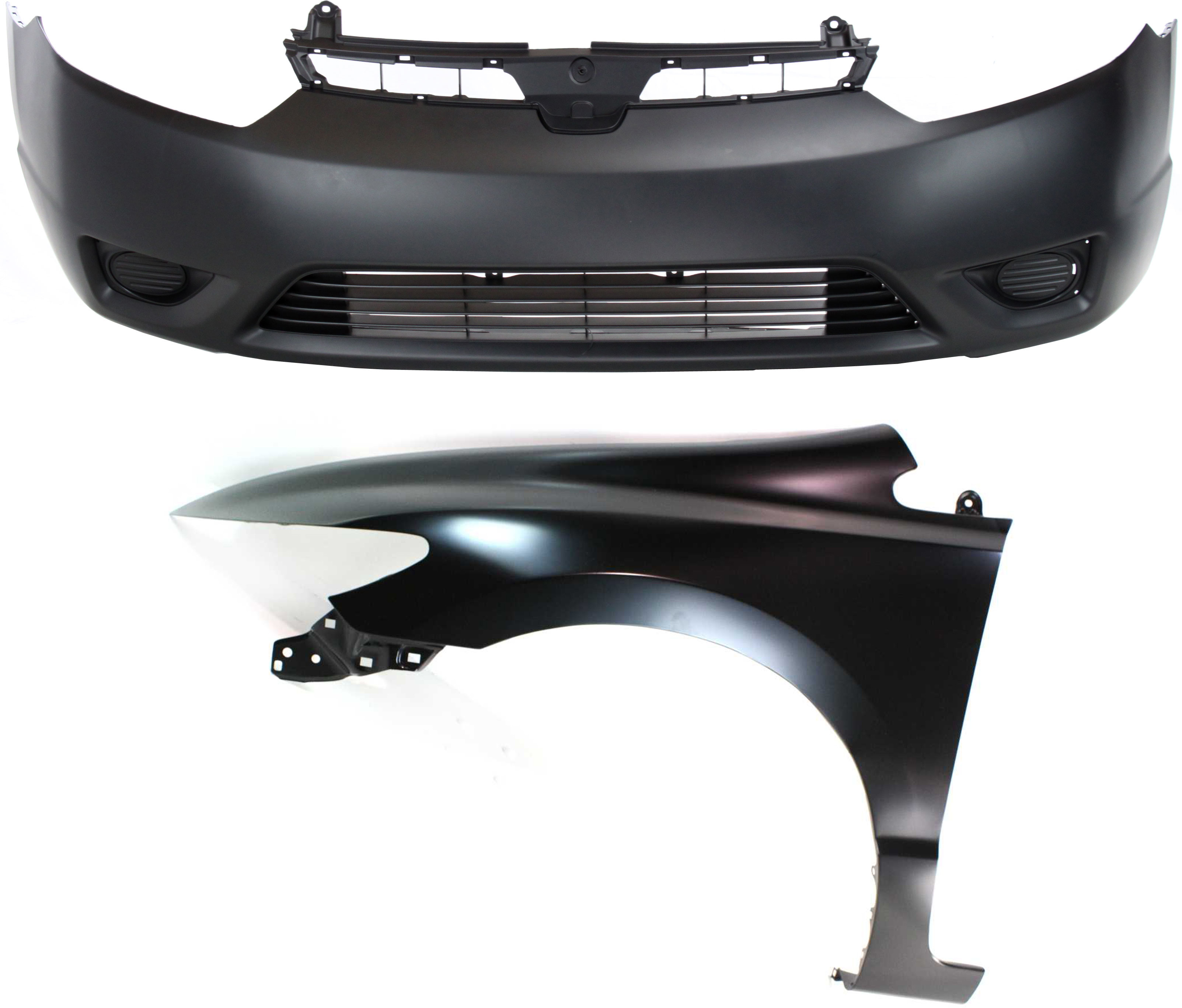 AM CIVIC 06-08 FRONT BUMPER COVER 2 pc Kit with Fender Coupe SKU KIT 011418-30 Partslink HO1000237 HO1240169 OEM 04711SVAA90ZZ 60261SVAA90ZZ