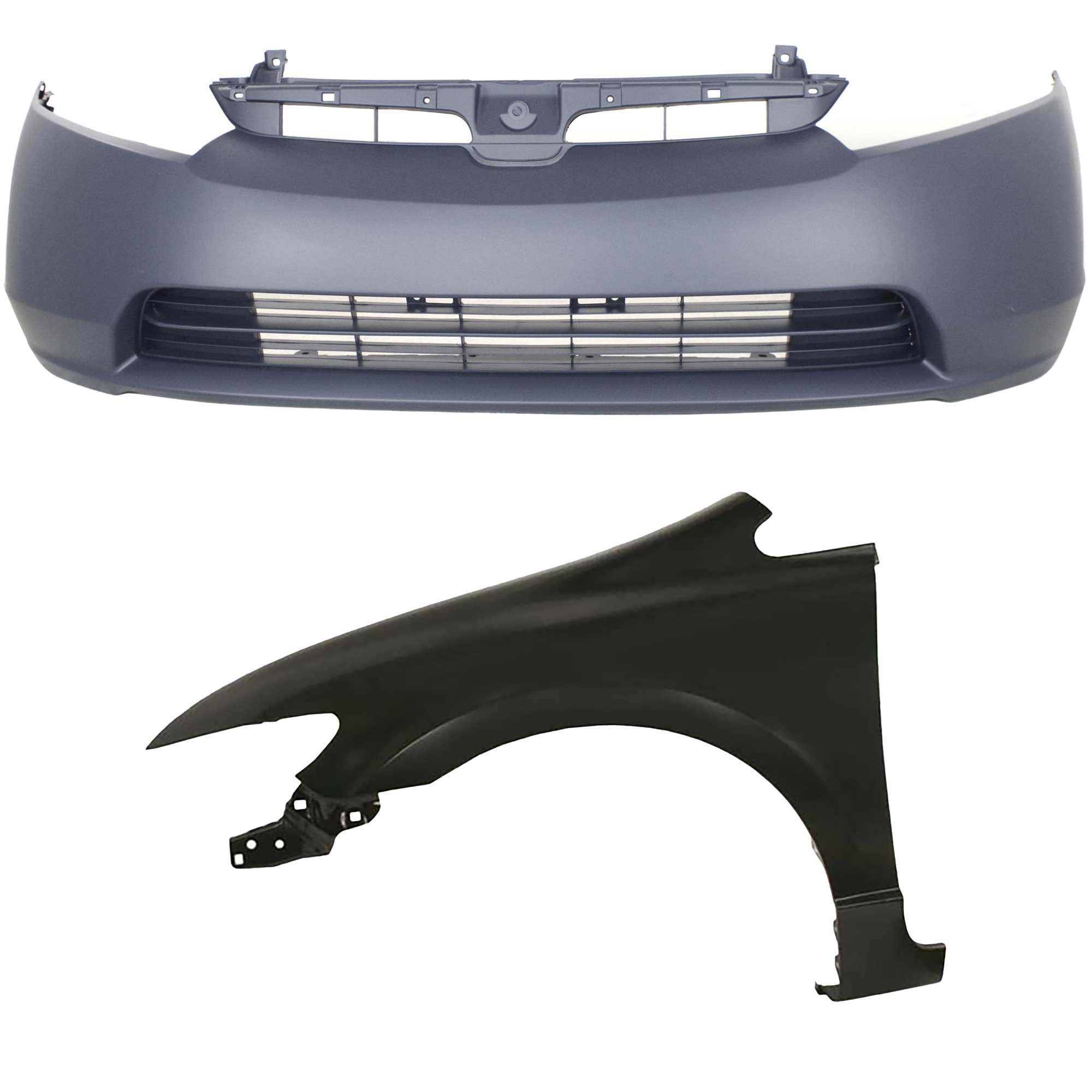AM CIVIC 06-08 FRONT BUMPER COVER 2 pc Kit with Fender Sedan SKU KIT 011418-31 Partslink HO1000239 HO1240168 OEM 04711SNEA90ZZ 60261SNAA90ZZ