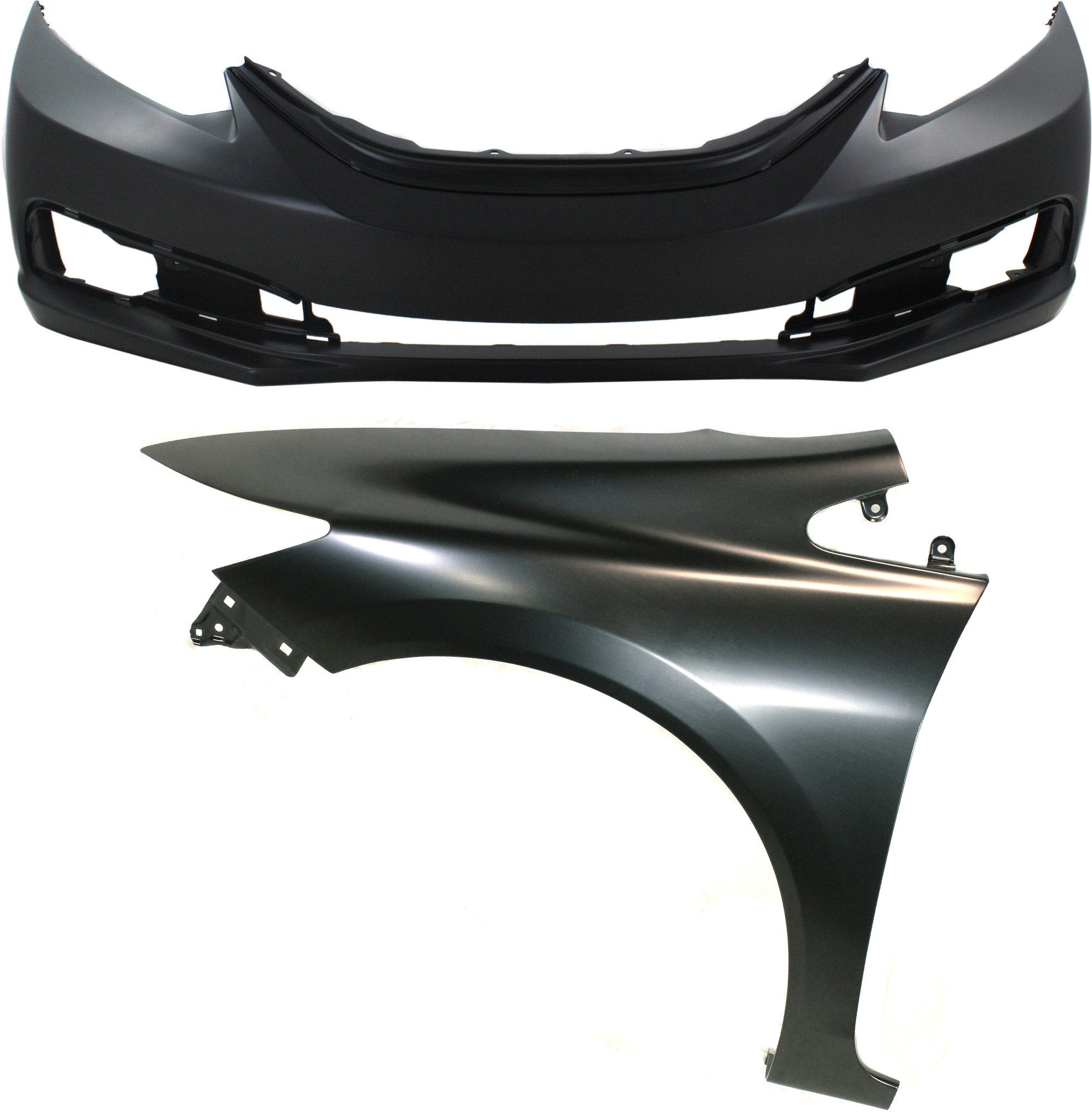 AM CIVIC 13-15 FRONT BUMPER COVER Primed w Fog Light Holes 2 pc Kit with Fender SKU KIT 011418-38 Partslink HO1000290 HO1240181 OEM 04711TR3A50ZZ 60261TR6305ZZ