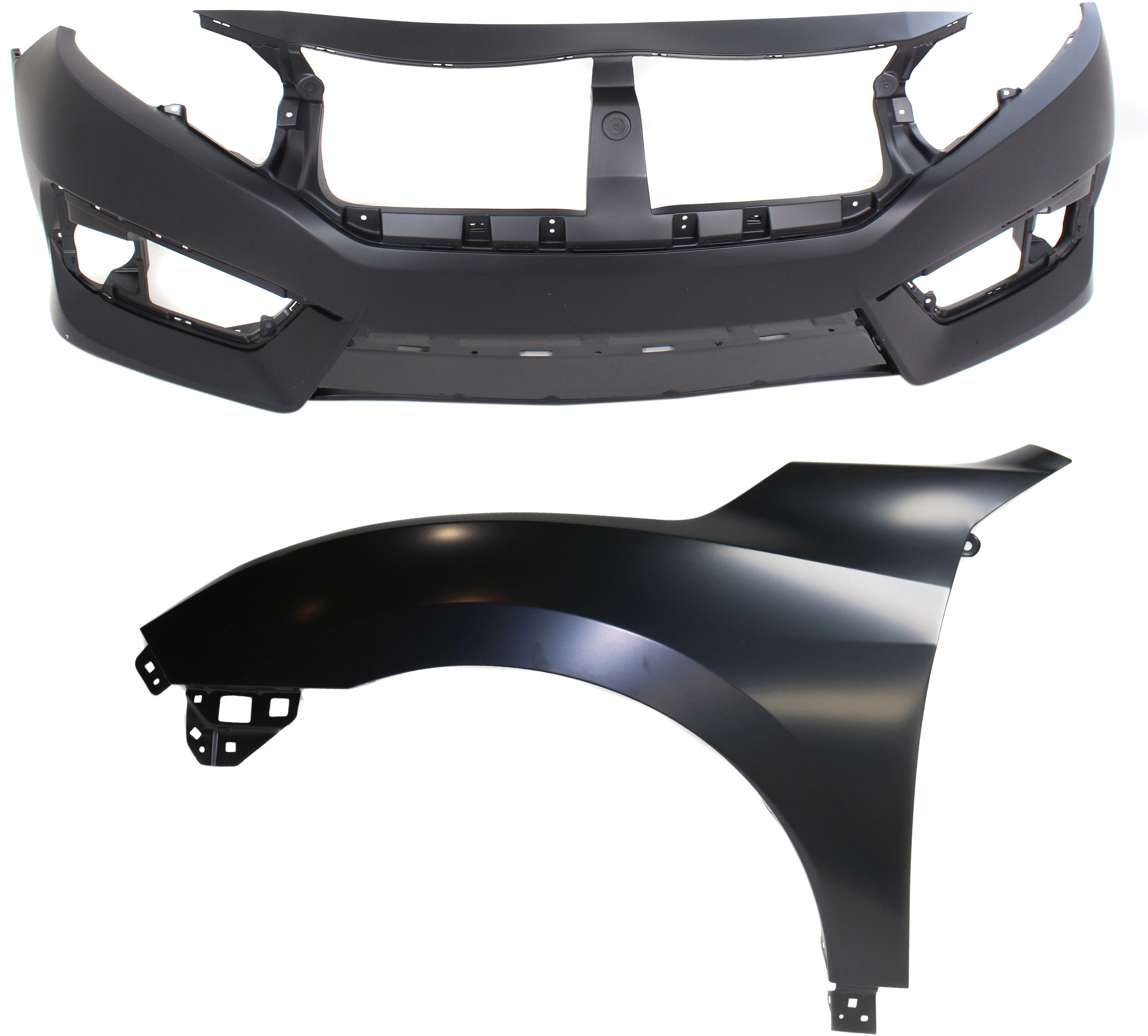 AM CIVIC 16-18 FRONT BUMPER COVER Primed 2 pc Kit with Fender SKU KIT 011418-40 Partslink HO1000306 HO1240192 OEM 04711TBAA00ZZ 60261TBAA00ZZ