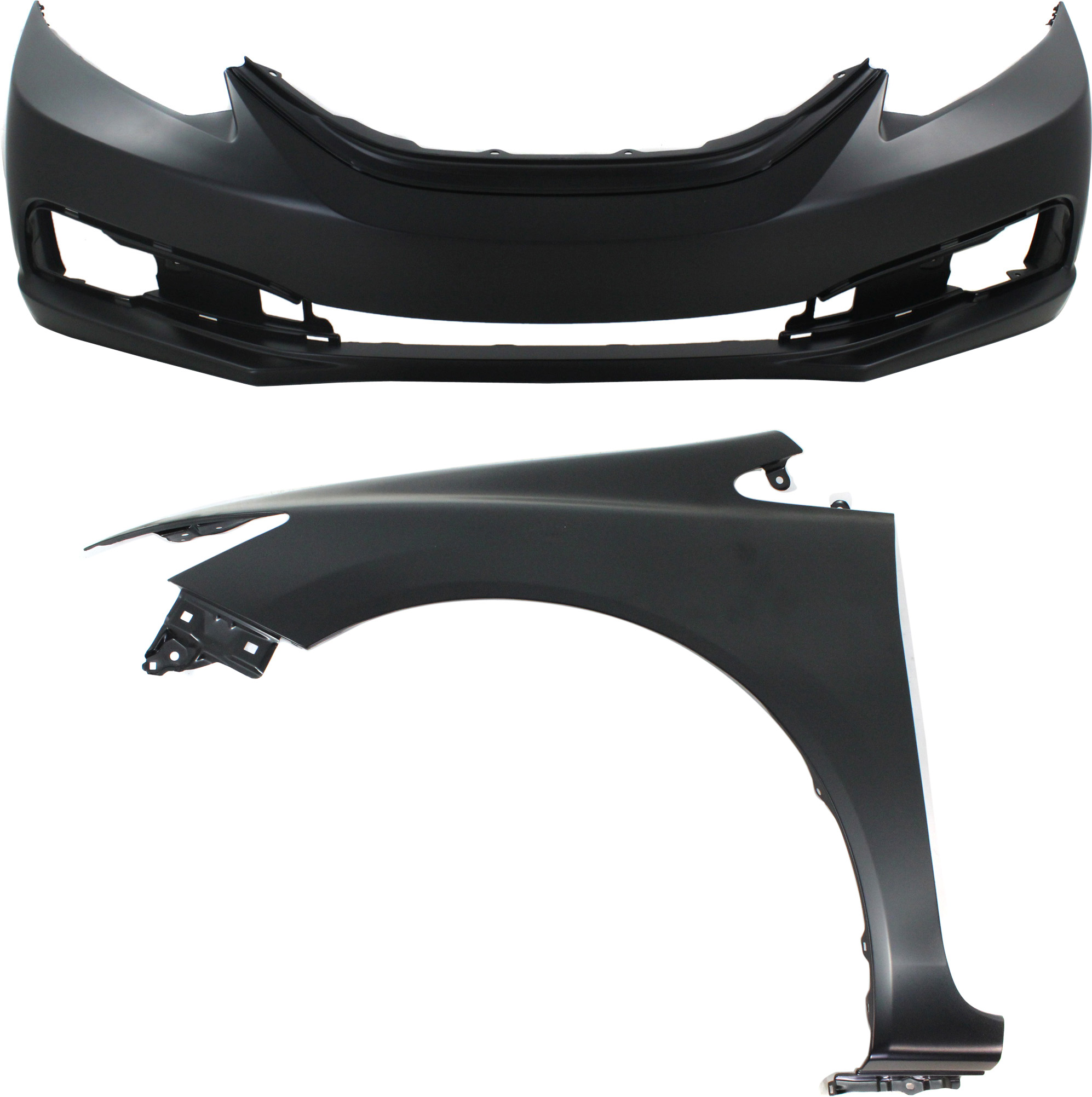 AM CIVIC 13-15 FRONT BUMPER COVER Primed w Fog Light Holes 2 pc Kit with Fender CAPA SKU KIT 011418-51 Partslink HO1000290C HO1240181C OEM 04711TR3A50ZZ 60261TR6305ZZ