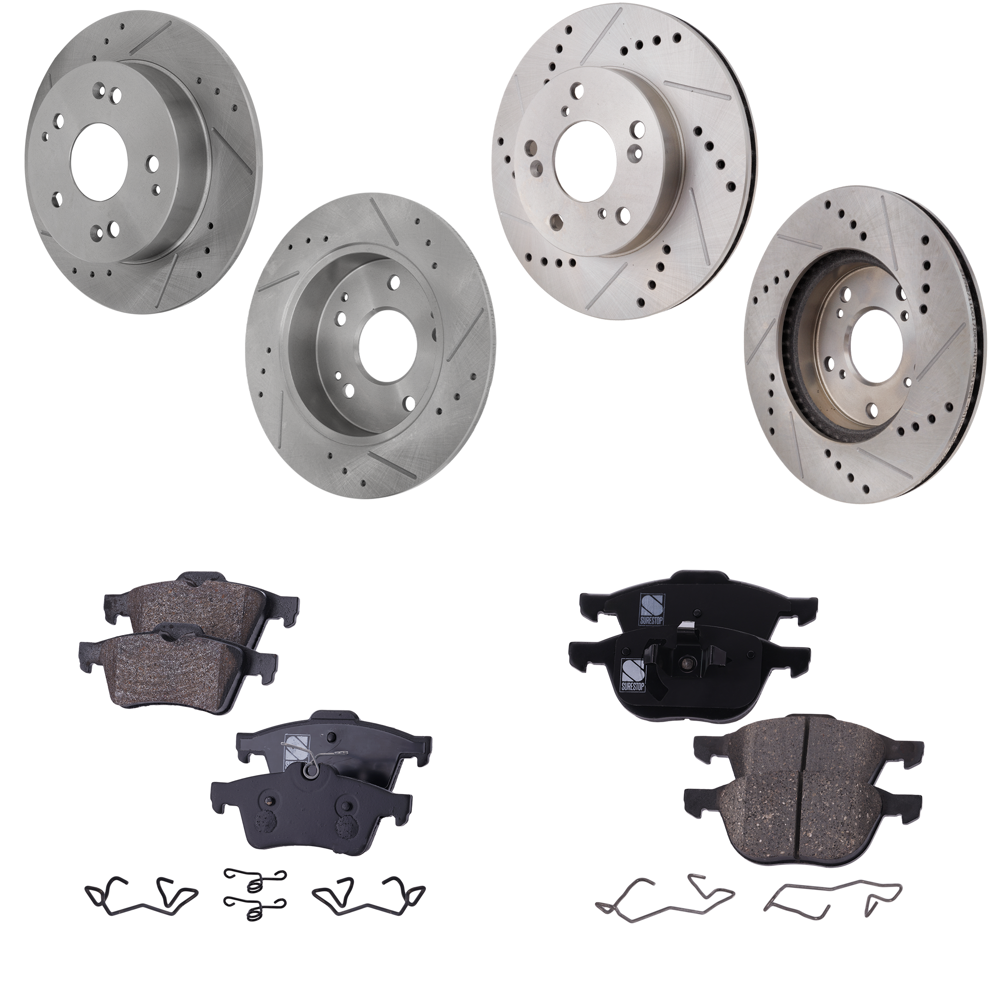 AM MAZDA 3-06-13 FRONT AND REAR BRAKE DISC AND PAD KIT 8 pc kit Cross drilled and Slotted SKU KIT 011423-02 OEM 31373-48880295-60080041-313