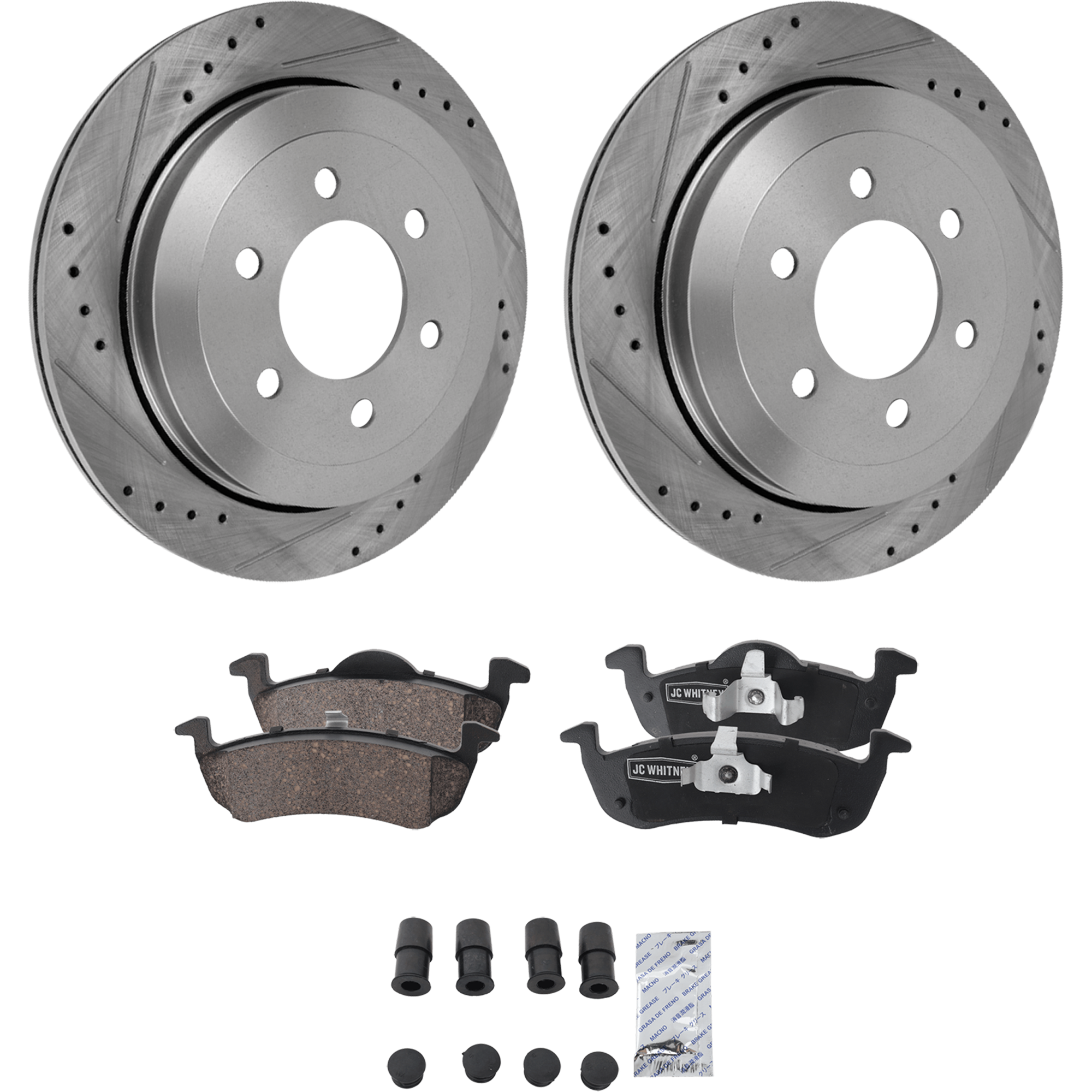 AM EXPEDITION NAVIGATOR 07-17 REAR BRAKE DISC AND PAD KIT 4 pc kit Cross drilled and Slotted SKU KIT 011423-03 OEM 42252-54152-900366-60054205-42