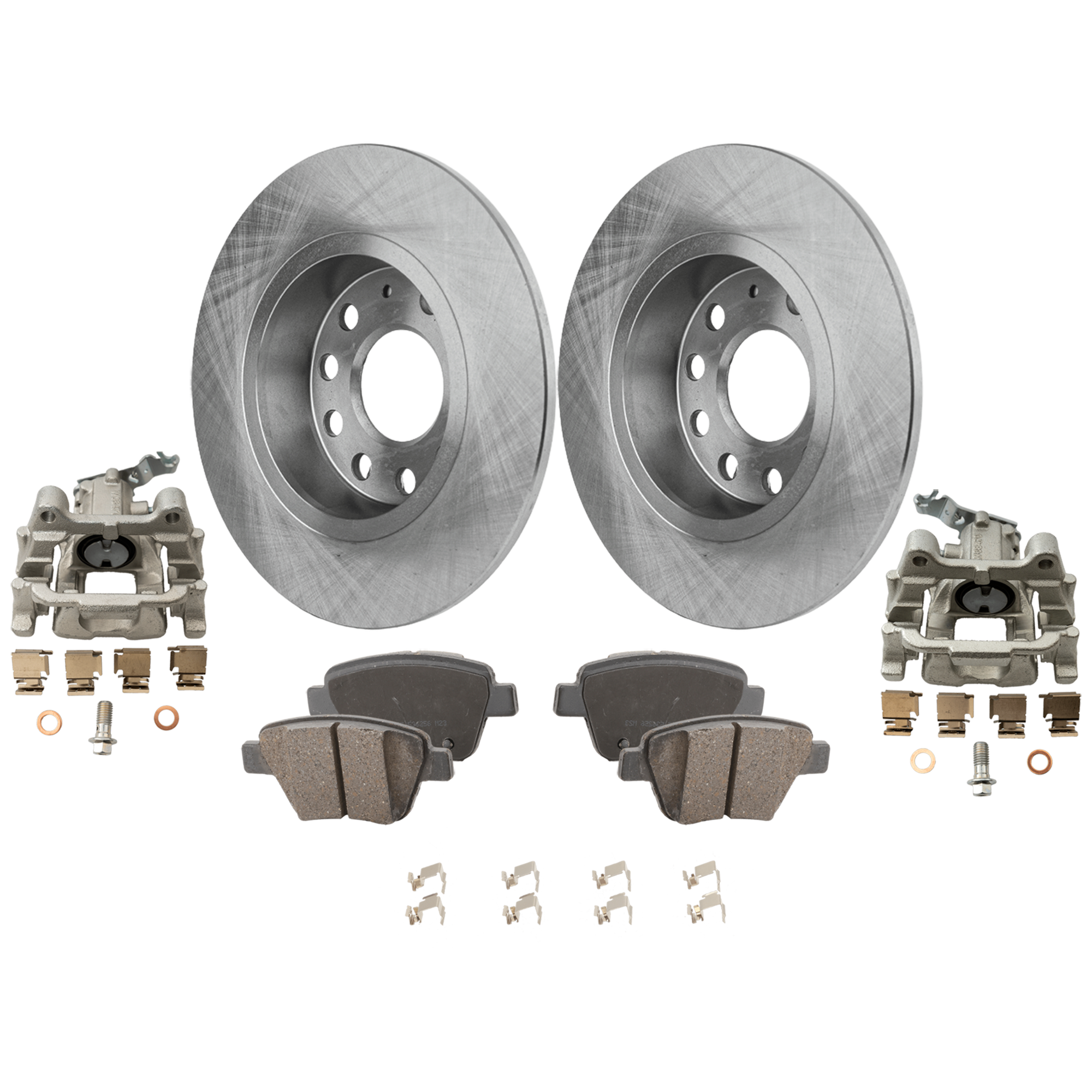 AM A3-10-12 PASSAT 12-14 REAR BRAKE KIT WITH CALIPERS 2 Wheel Set Includes 2 Brake Caliper 2 Brake Disc and 1 Brake Pad Set Plain Surface 5 Lugs Cast Iron Organic SKU KIT 011425-01 OEM 1K0615601AA 2K5698451-5K069845