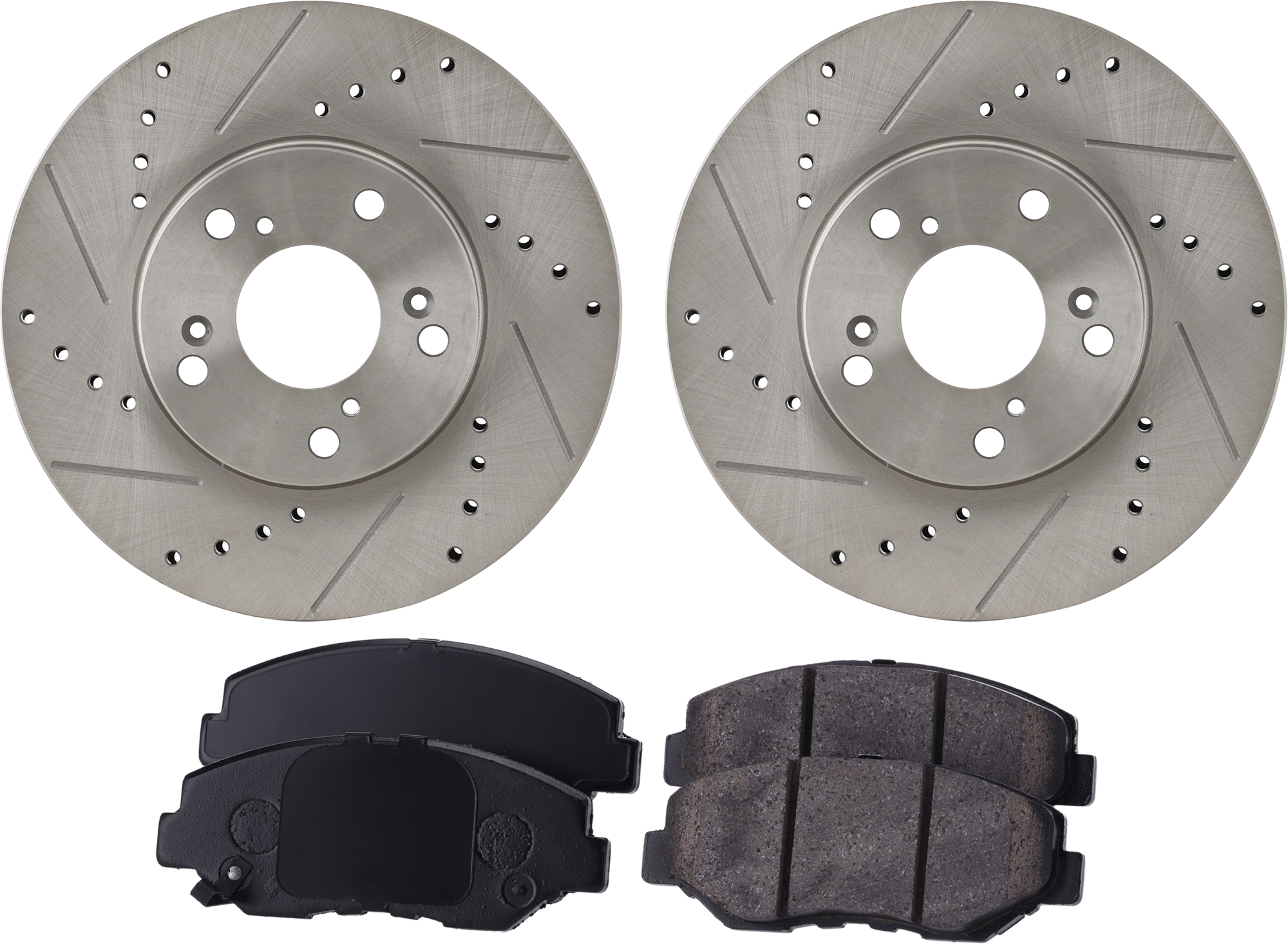AM CR V 02-04 ACCORD 03-17 CIVIC 13-21 FRONT BRAKE DISC AND PAD KIT 2 Wheel Set Cross drilled and Slotted SKU KIT 011623-04 OEM 19896-31257-31305-44774-96711