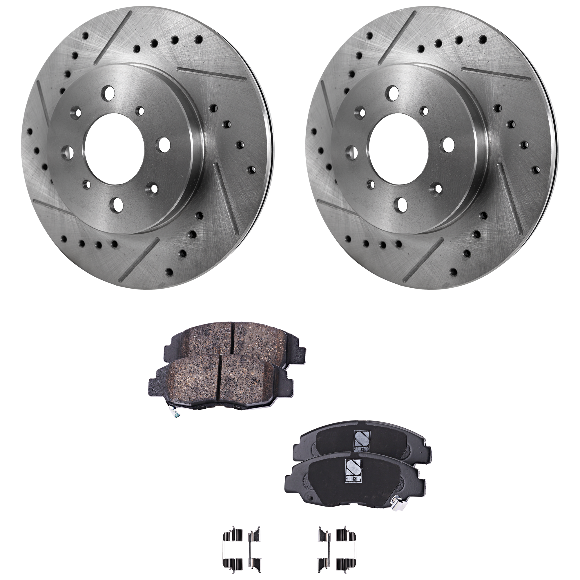AM CIVIC 96-03 INSIGHT 10-14 FRONT BRAKE DISC AND PAD KIT 4 pc kit Cross drilled and Slotted SKU KIT 011623-08 OEM 288-3295-19756-25331-63255-860