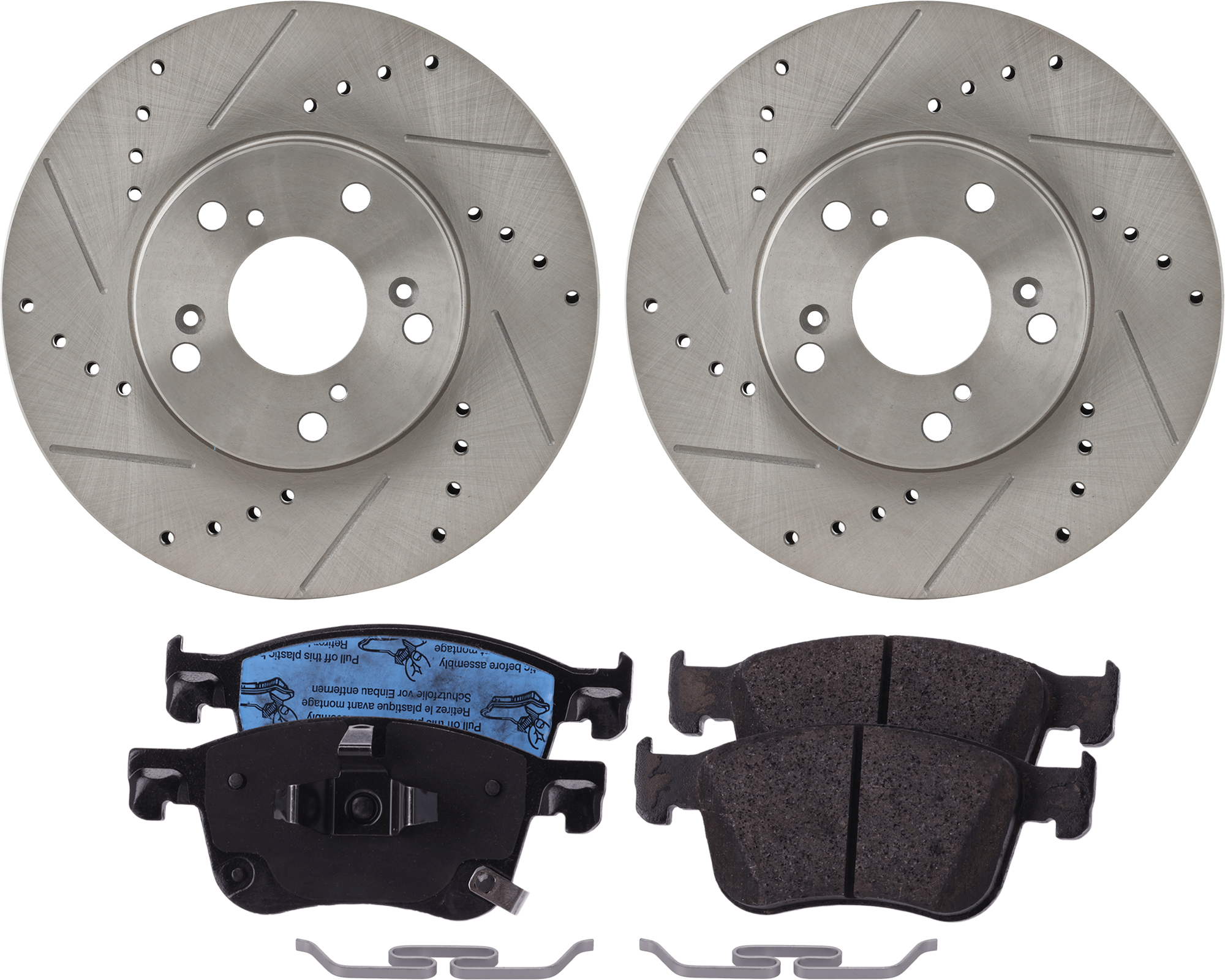 AM CIVIC 22-22 FRONT BRAKE DISC AND PAD KIT 4 pc Kit Cross drilled and Slotted SKU KIT 011623-112 OEM 19896-31257-31305-44774-96711