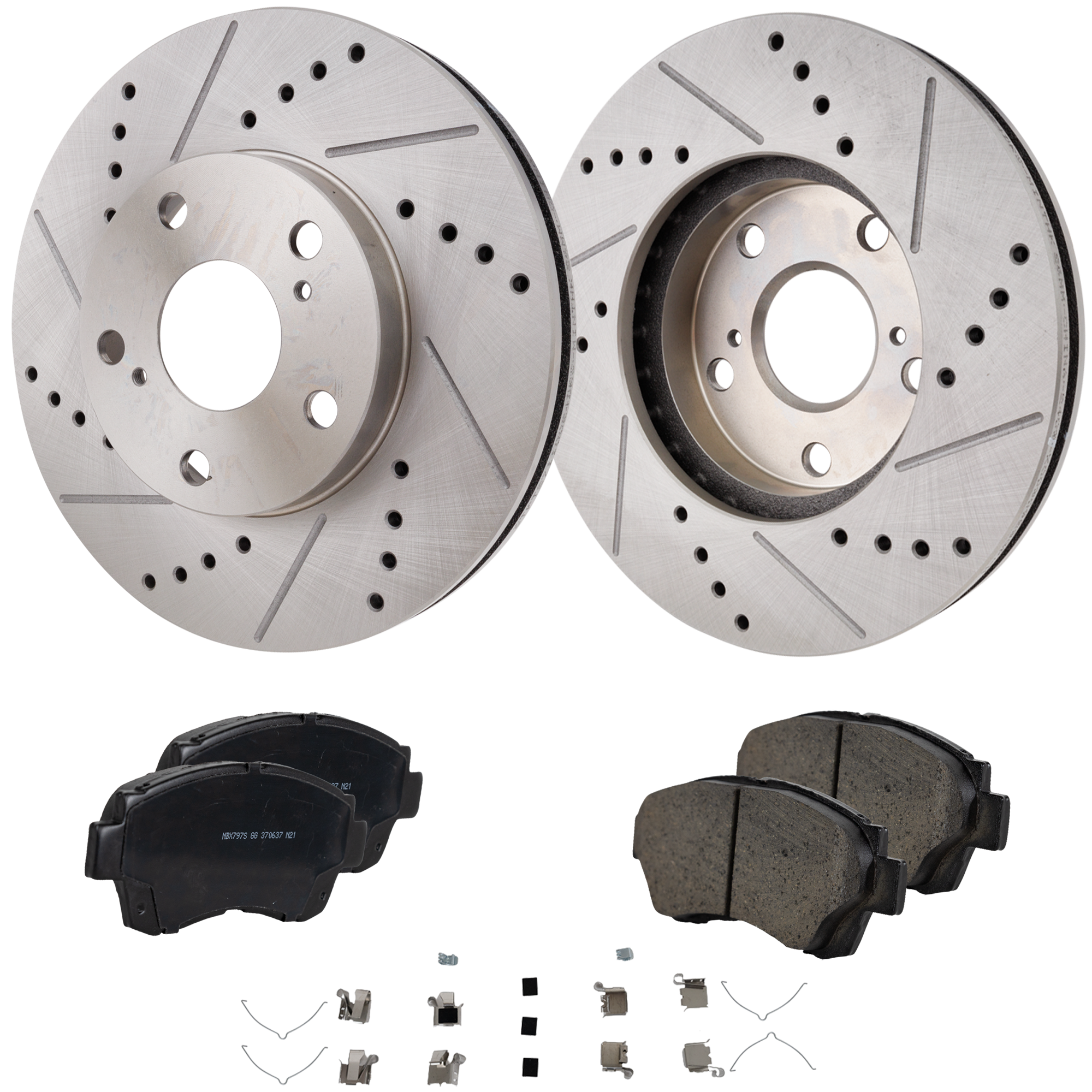 AM AVALON 95-97 CAMRY 92-01 FRONT BRAKE DISC AND PAD KIT 2 Wheel Set Cross drilled and Slotted SKU KIT 011623-135 OEM 368-19784-19949-25358-3105