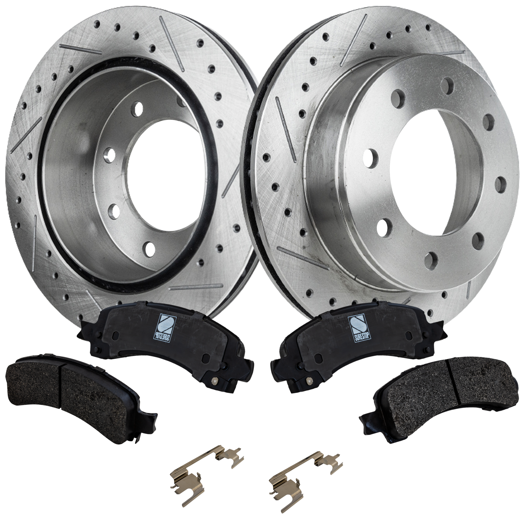 AM EXPRESS 2500 SAVANA 2500-03-20 REAR BRAKE DISC AND PAD KIT 4 pc Kit Cross drilled and Slotted SKU KIT 011623-148 OEM 19326-41243-55057-55120-56830