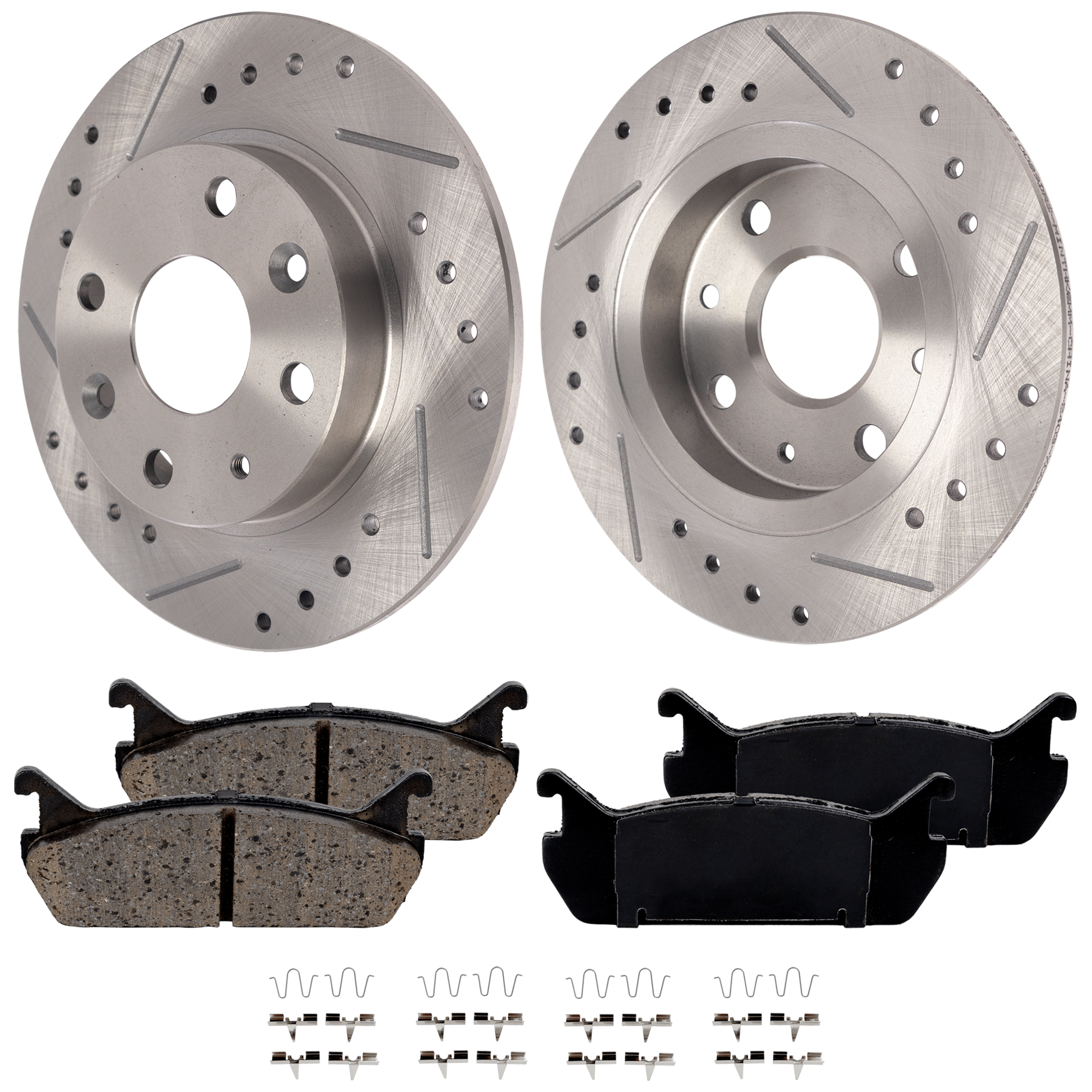AM MIATA 90-93 REAR BRAKE DISC AND PAD KIT 4 pc kit Cross drilled and Slotted SKU KIT 011623-19 OEM 1051-25208-31100-86214-96214-1