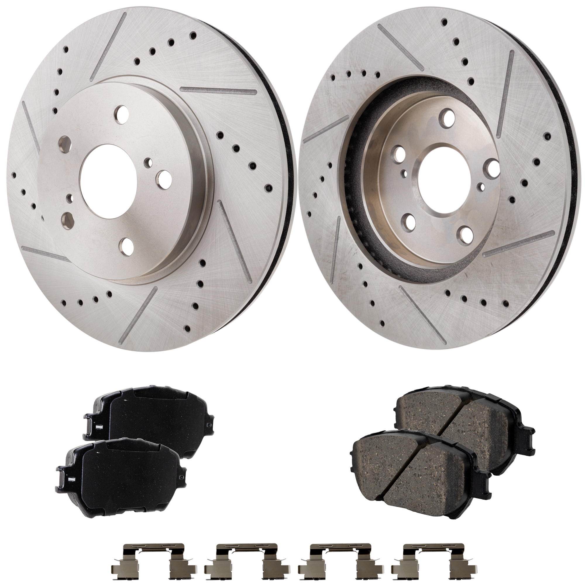 AM CAMRY 02-05 IS250-09-15 FRONT BRAKE DISC AND PAD KIT 4 pc Kit Cross drilled and Slotted SKU KIT 011623-34 OEM 19380-31314-31451-44627-145471