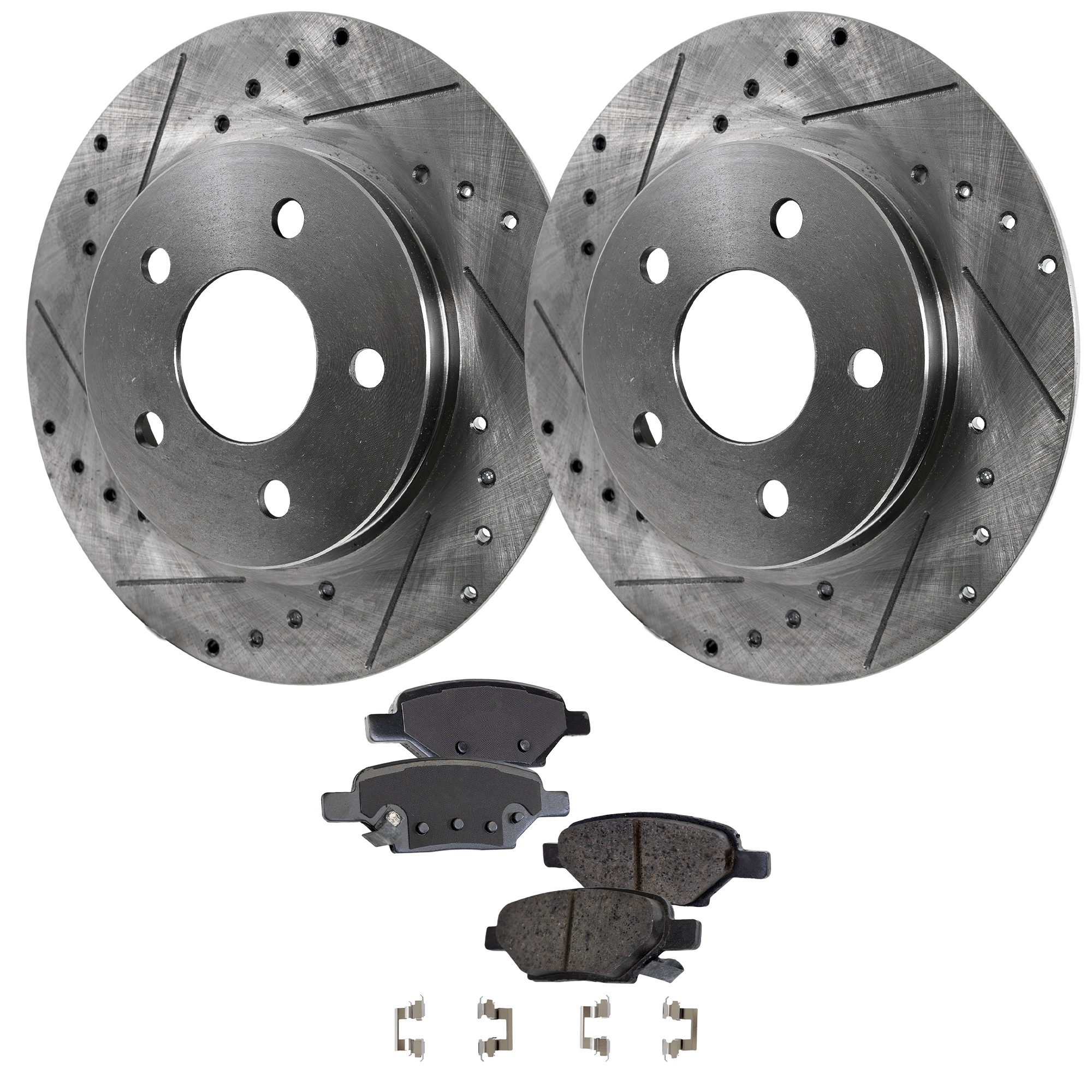 AM AURA 07-09 COBALT 05-08 REAR BRAKE DISC AND PAD KIT 4 pc Kit Cross drilled and Slotted SKU KIT 011623-50 OEM 19352-55094-145563-493465-4888