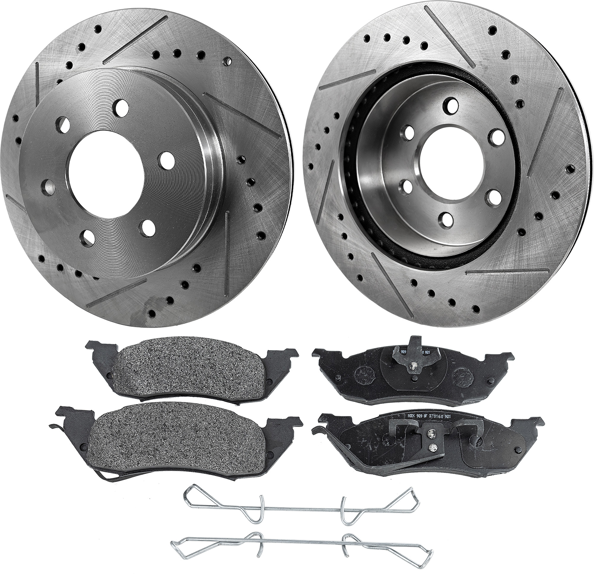 AM DAKOTA 97-98 FRONT BRAKE DISC AND PAD KIT 4 pc kit Cross drilled and Slotted SKU KIT 011623-54 OEM 5382-19748-65940-76645-86645-1