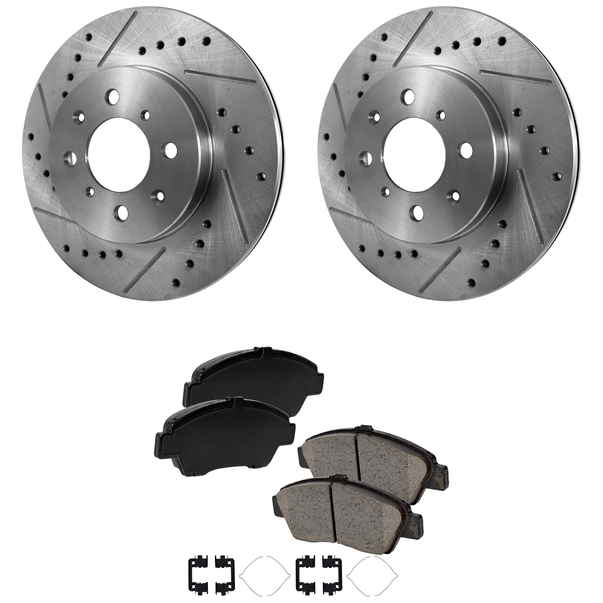 AM FIT 12-13 FRONT BRAKE DISC AND PAD KIT 4 pc kit Cross drilled and Slotted SKU KIT 011623-62 OEM 288-3295-19756-25331-63255-860