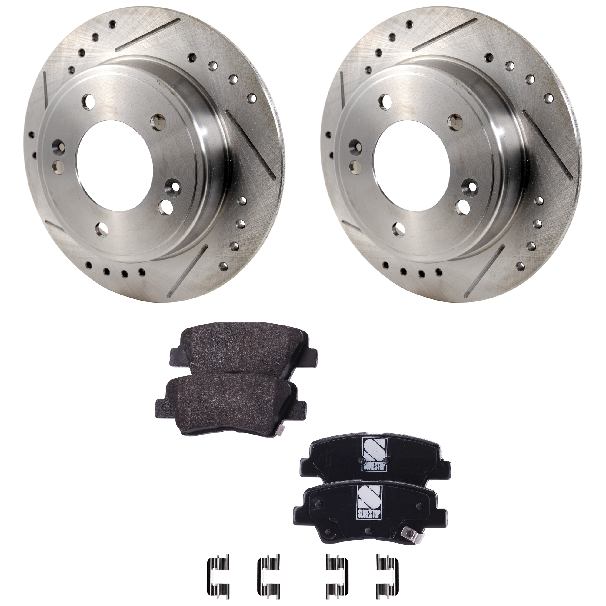 AM FORTE FORTE KOUP 14-16 REAR BRAKE DISC AND PAD KIT 4 pc kit Cross drilled and Slotted SKU KIT 011623-63 OEM 44746-0833529-850287-60003037