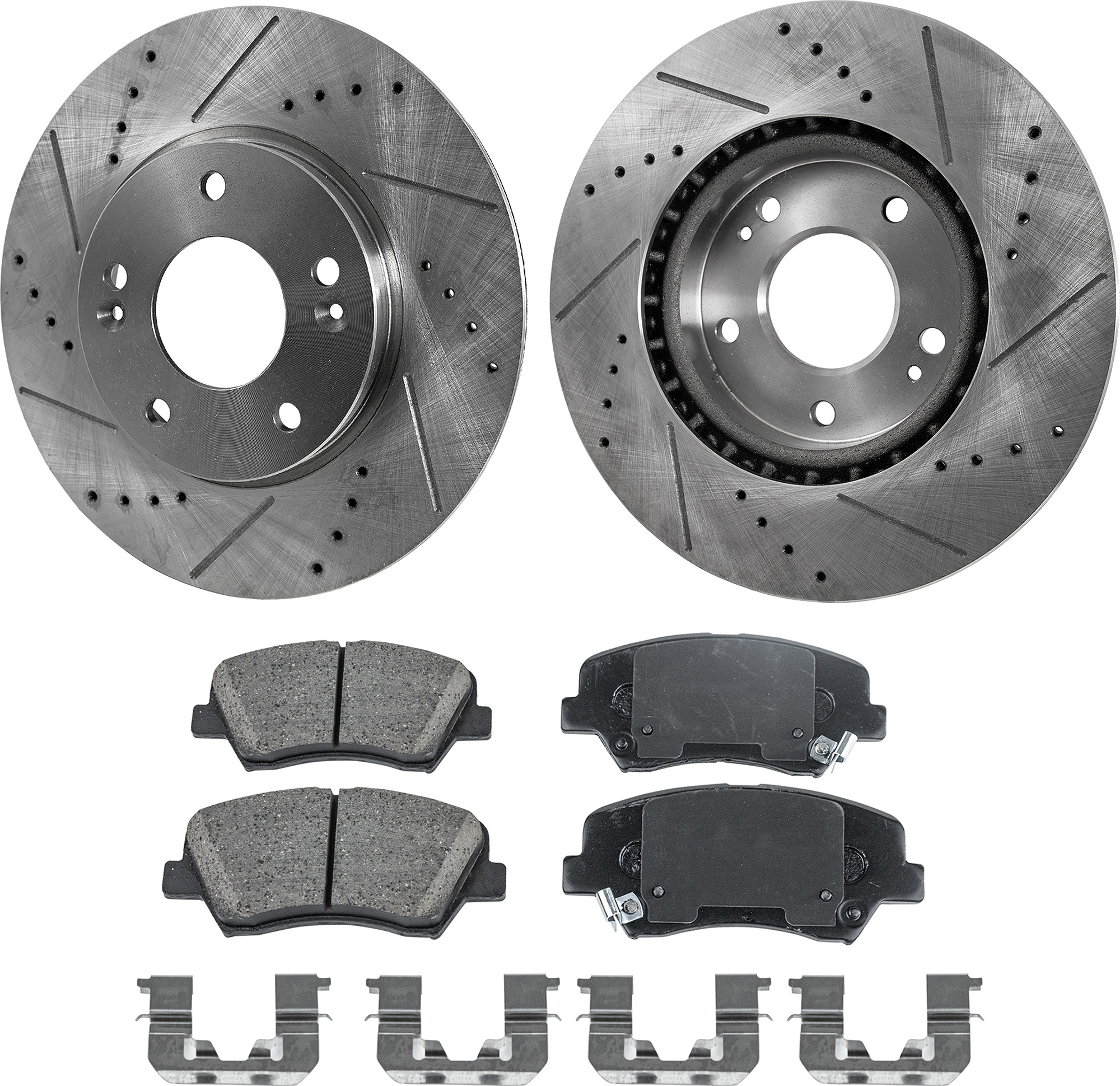 AM FORTE FORTE KOUP FORTE5-14-16 FRONT BRAKE DISC AND PAD KIT 4 pc kit Cross drilled and Slotted SKU KIT 011623-65 OEM 31584-44745-0833519-0833528-85