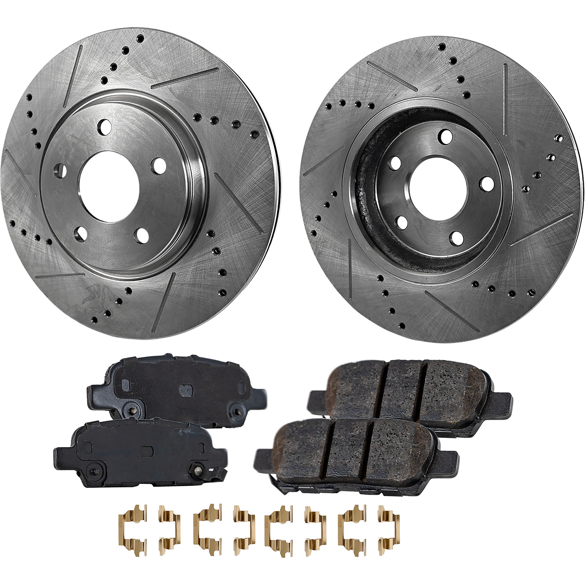 AM 370Z 09-20 MAXIMA 09-23 REAR BRAKE DISC AND PAD KIT 2 Wheel Set Cross drilled and Slotted SKU KIT 011623-70 OEM 31387-31530-44624-44676-08