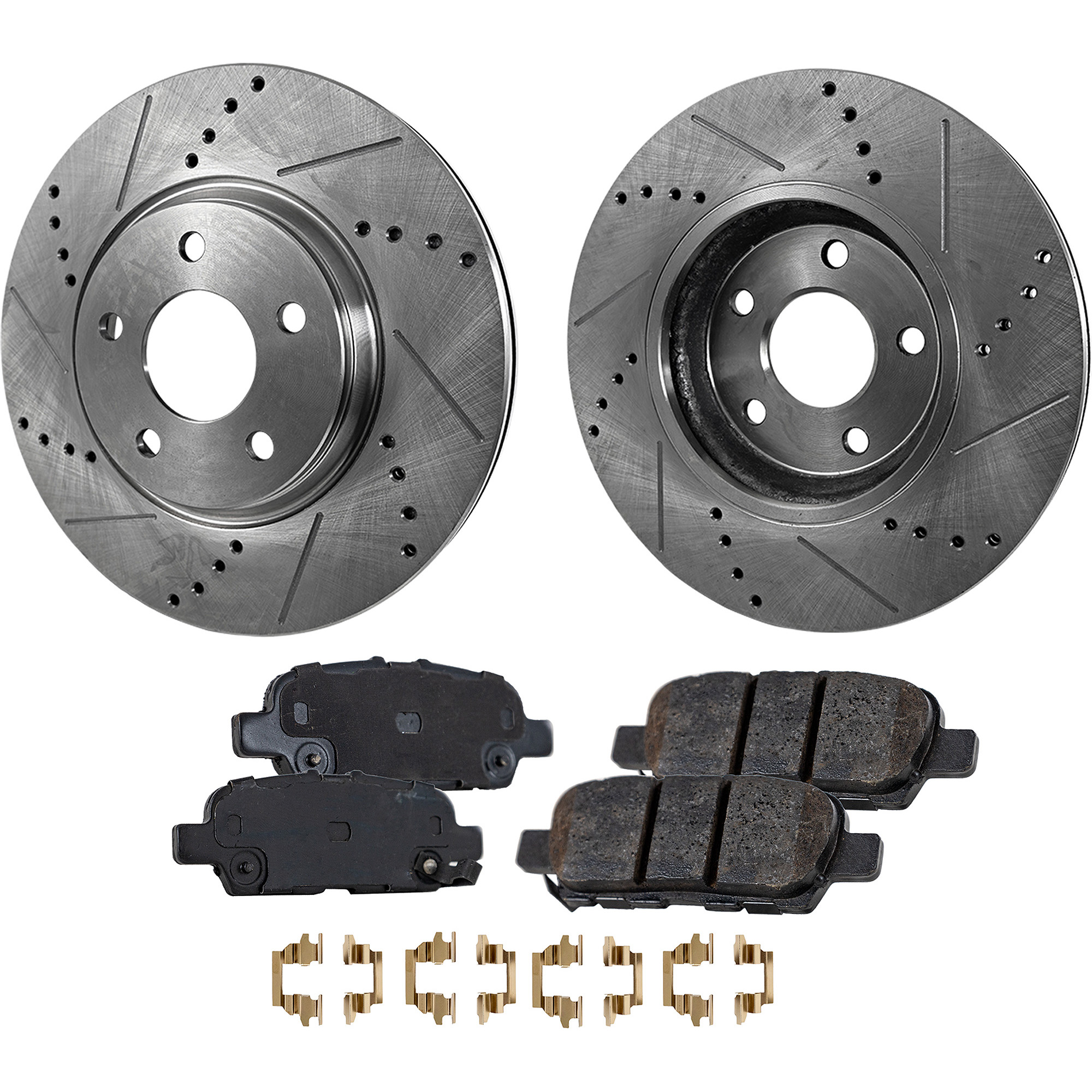 AM FX35-09-12 Q50-14-23 REAR BRAKE DISC AND PAD KIT 2 Wheel Set Cross drilled and Slotted SKU KIT 011623-85 OEM 31348-145537-0832970-980155