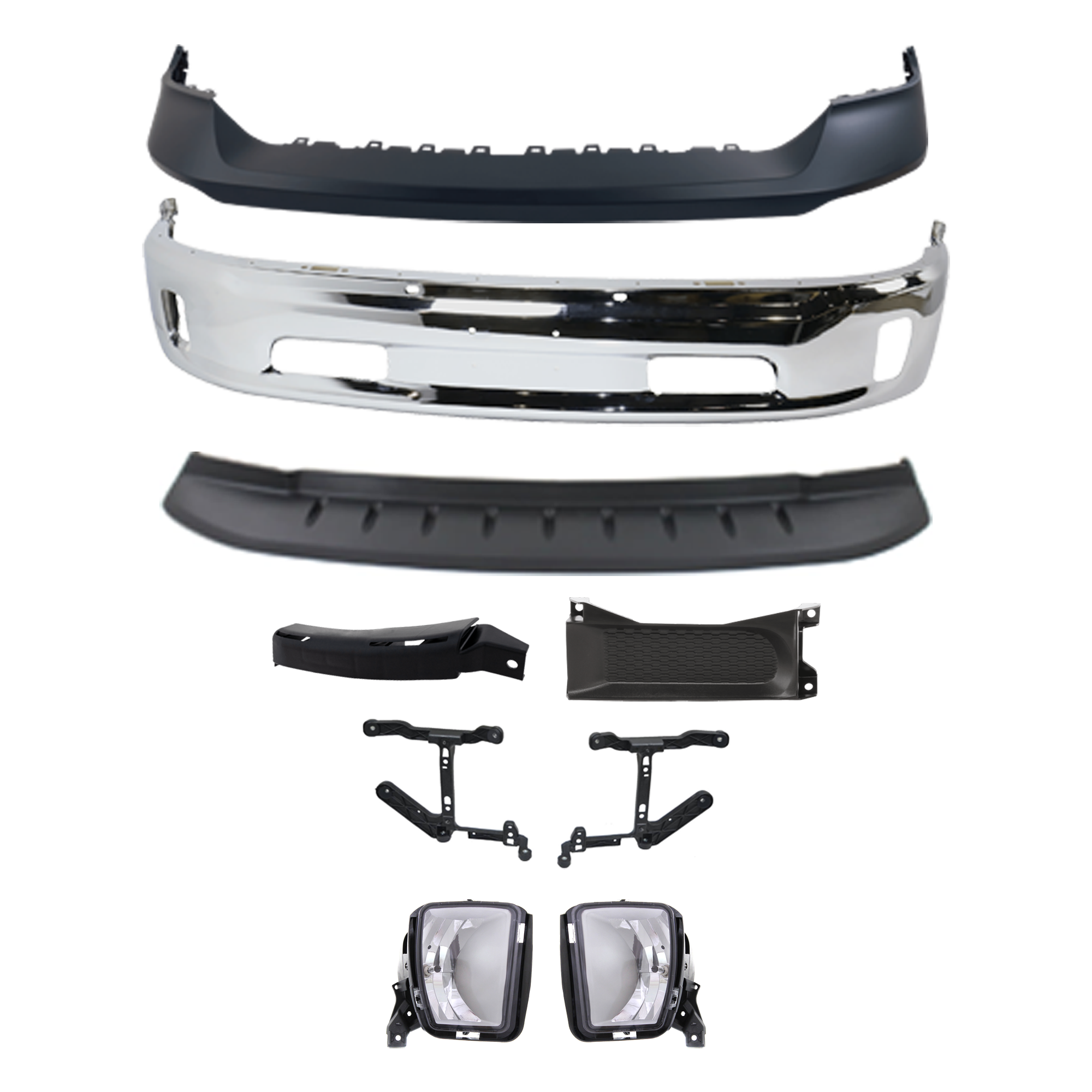 AM 1500-13-18-1500 CLASSIC 19-23 FRONT BUMPER Lower 10 pc kit SKU KIT 011625 C61 Partslink CH1061118 CH1061108 CH1014108 CH1037112 CH2592147 CH2593147 CH1090147 OEM 68196983AA 68232454AA 68197697