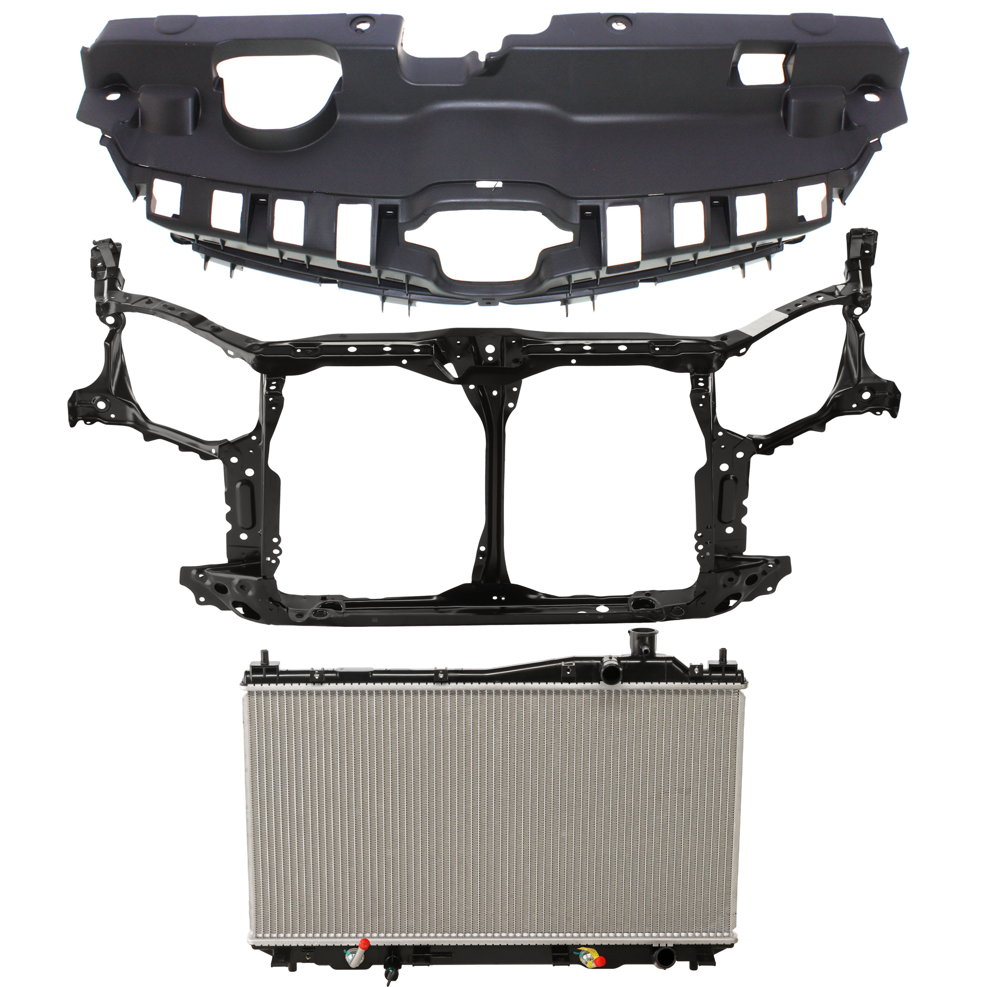 AM CIVIC 04-05 RADIATOR 3 pc kit 4 Cyl 1.7L Eng. Plastic Tank with Radiator Support Cover SKU KIT 011725-135 Partslink HO3010177 HO1225138 HO1223101 OEM 19010PMMA52-60400S5DX10ZZ 7112