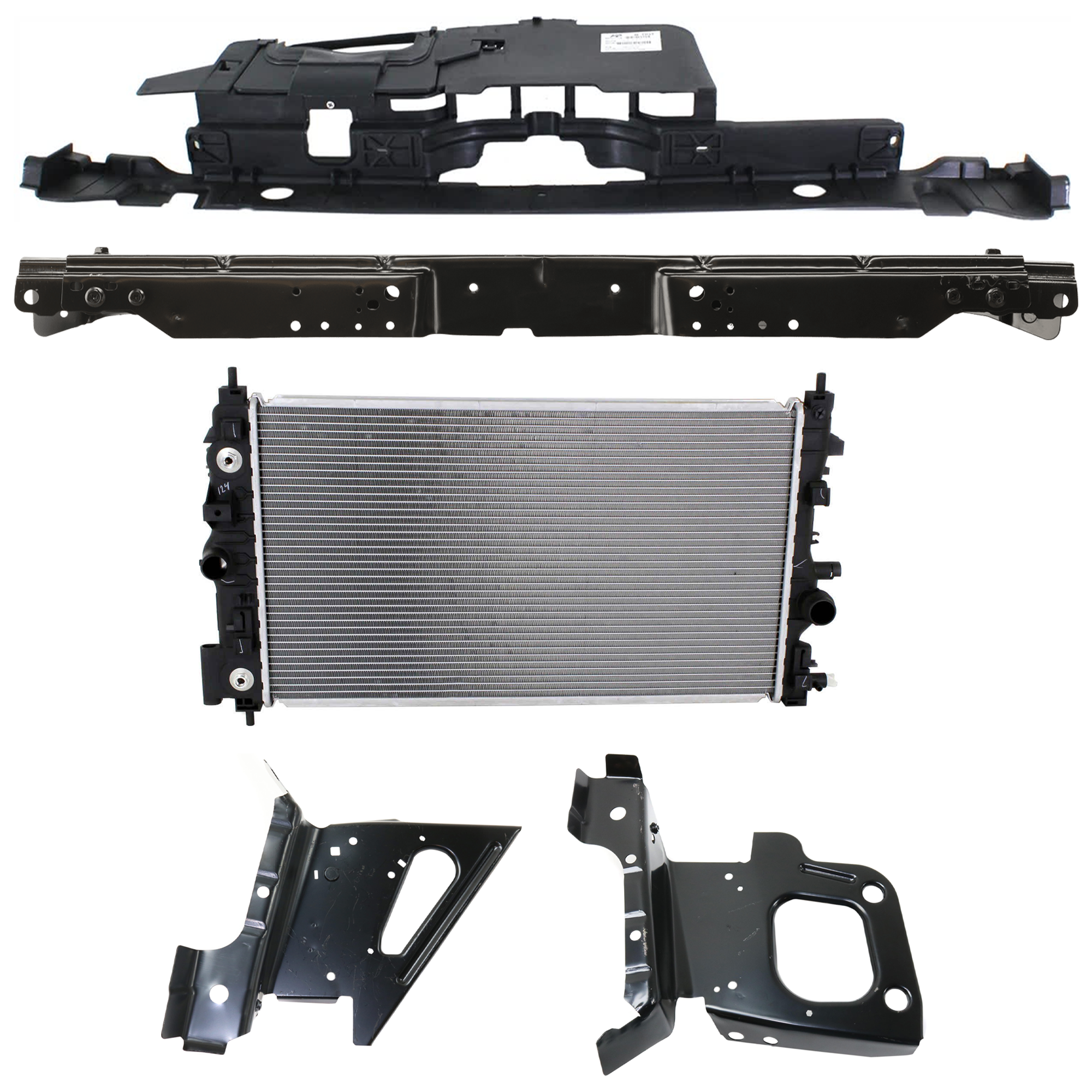 AM CRUZE 11-14 RADIATOR SUPPORT RADIATOR KIT 5 pc Kit 4 Cyl Plastic Tank with Radiator Support Cover SKU KIT 011725-187 Partslink GM3010541 GM1221148 GM1221147 GM1225292 GM1224100 OEM 13311079-95232555-95232556-959