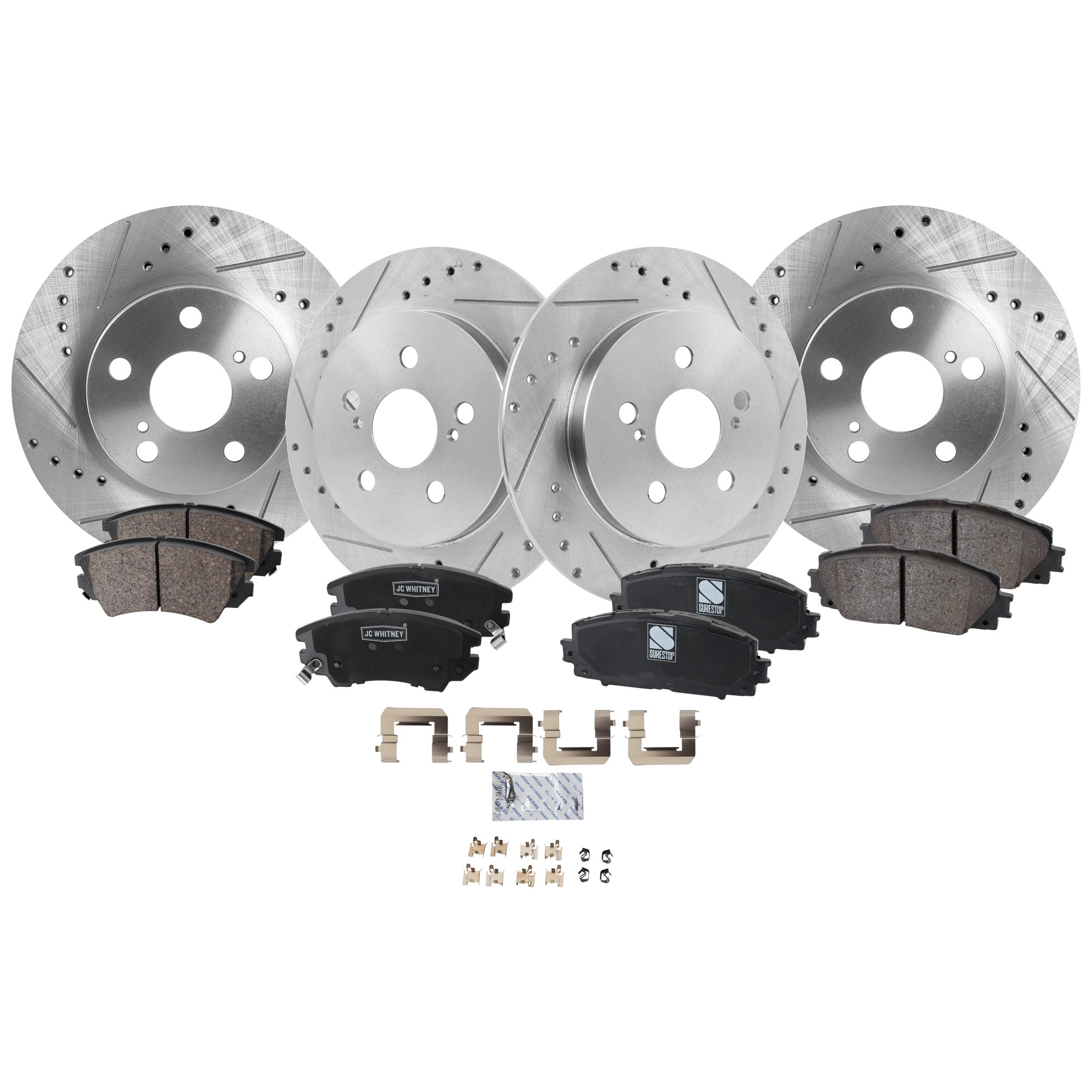 AM CT200H 14-16 PRIUS 12-15 FRONT AND REAR BRAKE DISC AND PAD KIT 8 pc kit Cross drilled and Slotted SKU KIT 011923-01 OEM 44633-55159-0833354-850096-900