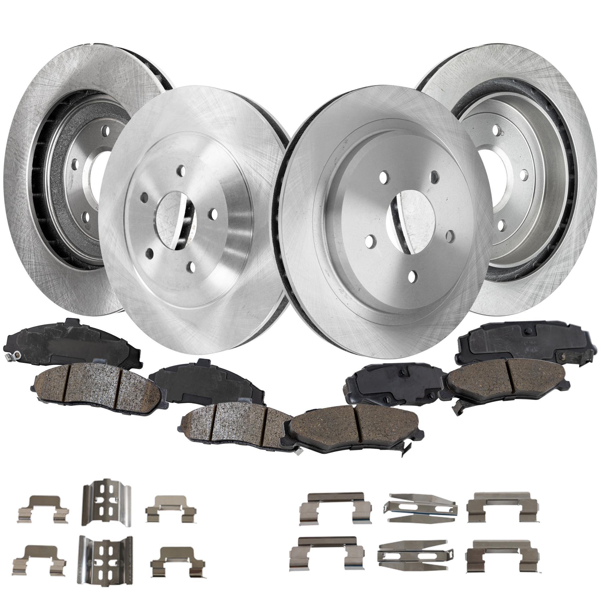 AM CORVETTE 97-03 CADILLAC 08-09 FRONT AND REAR BRAKE DISC AND PAD KIT 4 Wheel Set Plain Surface SKU KIT 011923-02 OEM 10262998-10445858-10262997-102
