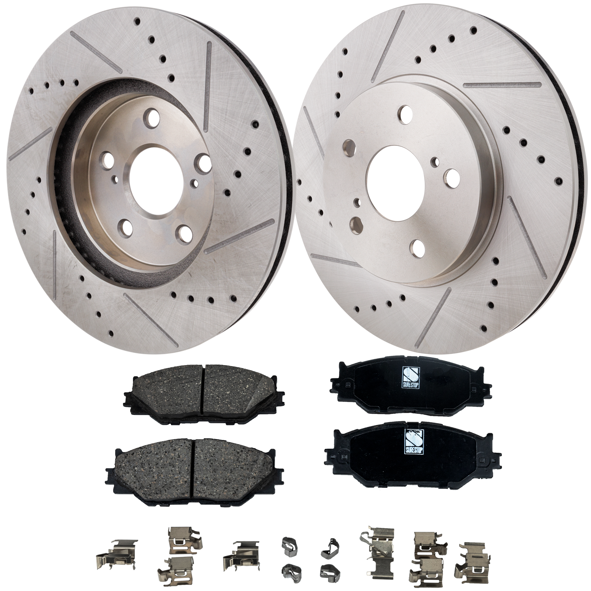 AM IS250-06-15 FRONT BRAKE DISC AND PAD KIT 2 Wheel Set Cross drilled and Slotted SKU KIT 012023-04 OEM 19380-31314-31451-44627-145471