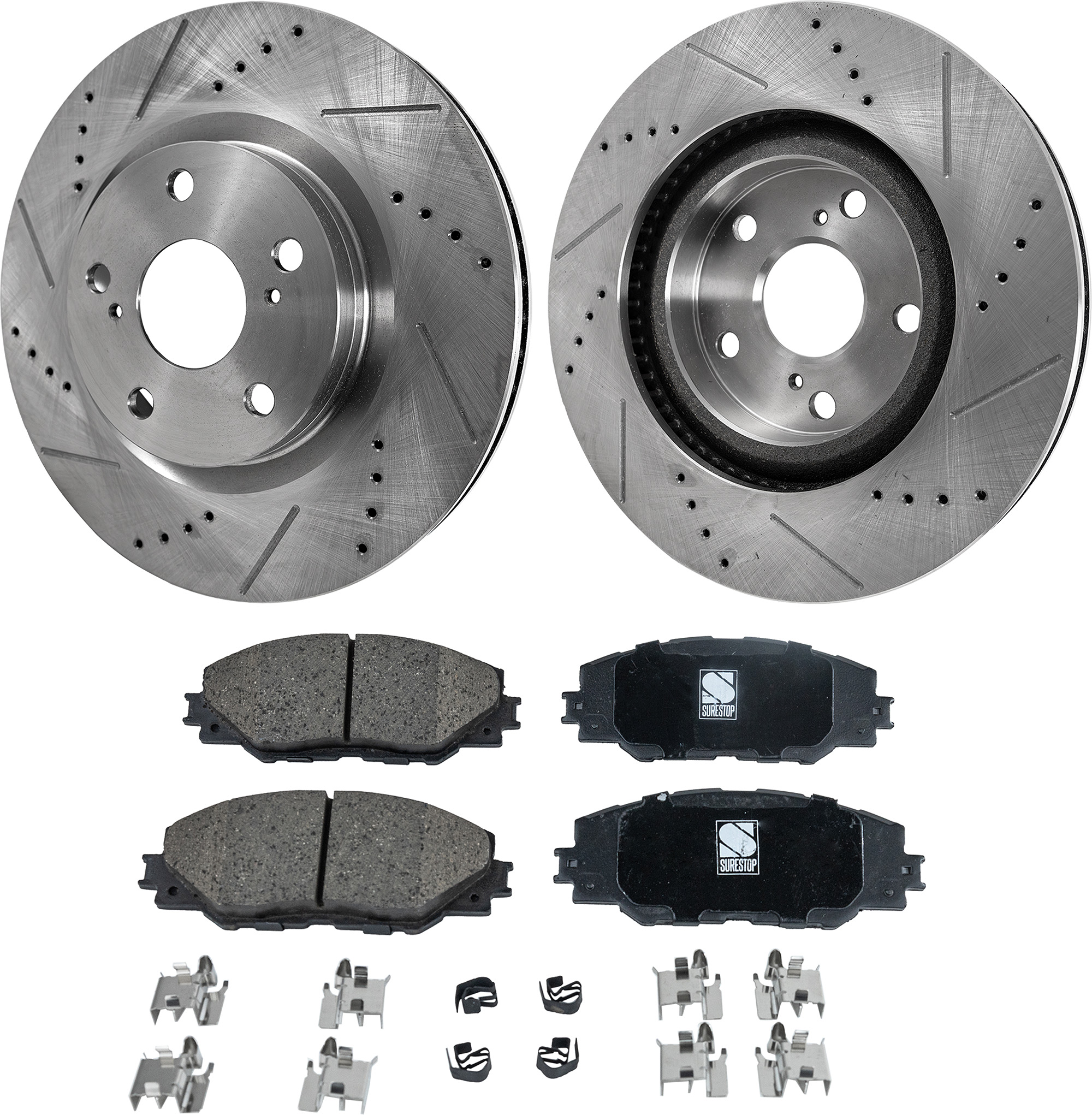 AM VIBE 09-10 TC 11-16 FRONT BRAKE DISC AND PAD KIT 4 pc Kit Cross drilled and Slotted SKU KIT 012023-05 OEM 31434-31551-44582-44748-145713