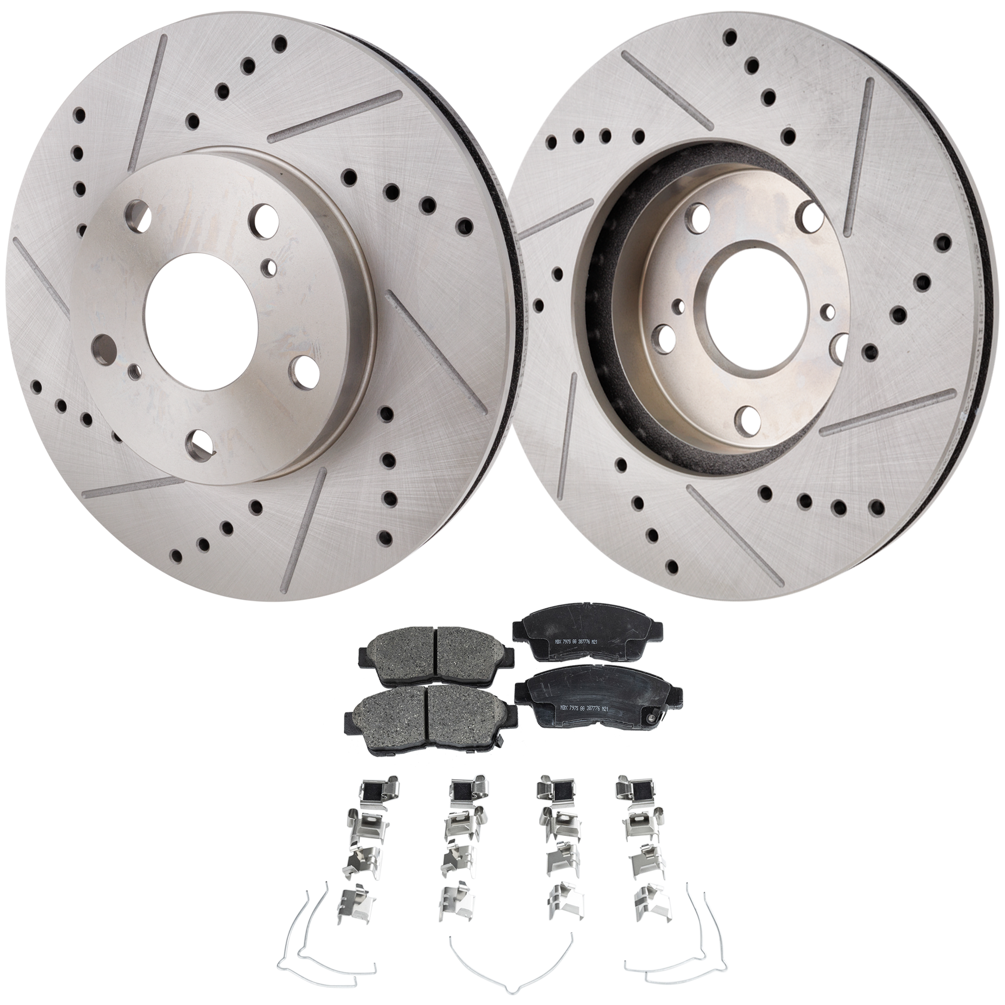 AM CAMRY 92-01 FRONT BRAKE DISC AND PAD KIT 4 pc Kit Cross drilled and Slotted SKU KIT 012023-06 OEM 368-19784-19949-25358-3105