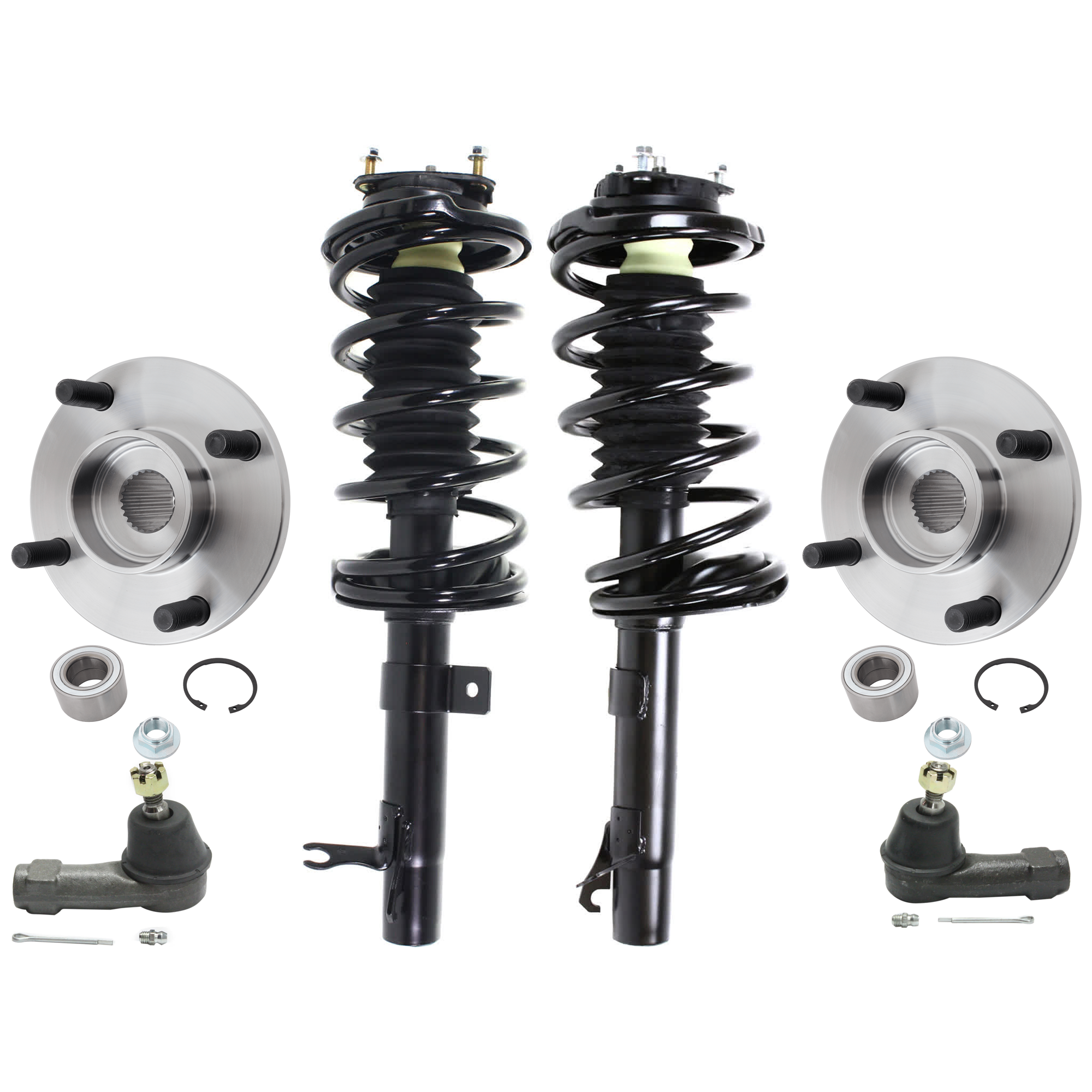 AM FOCUS 00-05 FRONT SUSPENSION KIT RH AND LH 6 pc kit with Loaded Struts Tie Rod Ends and Wheel Hubs SKU KIT 012116-06 OEM 3U2Z18124BT YS4Z18124FF YS4Z18
