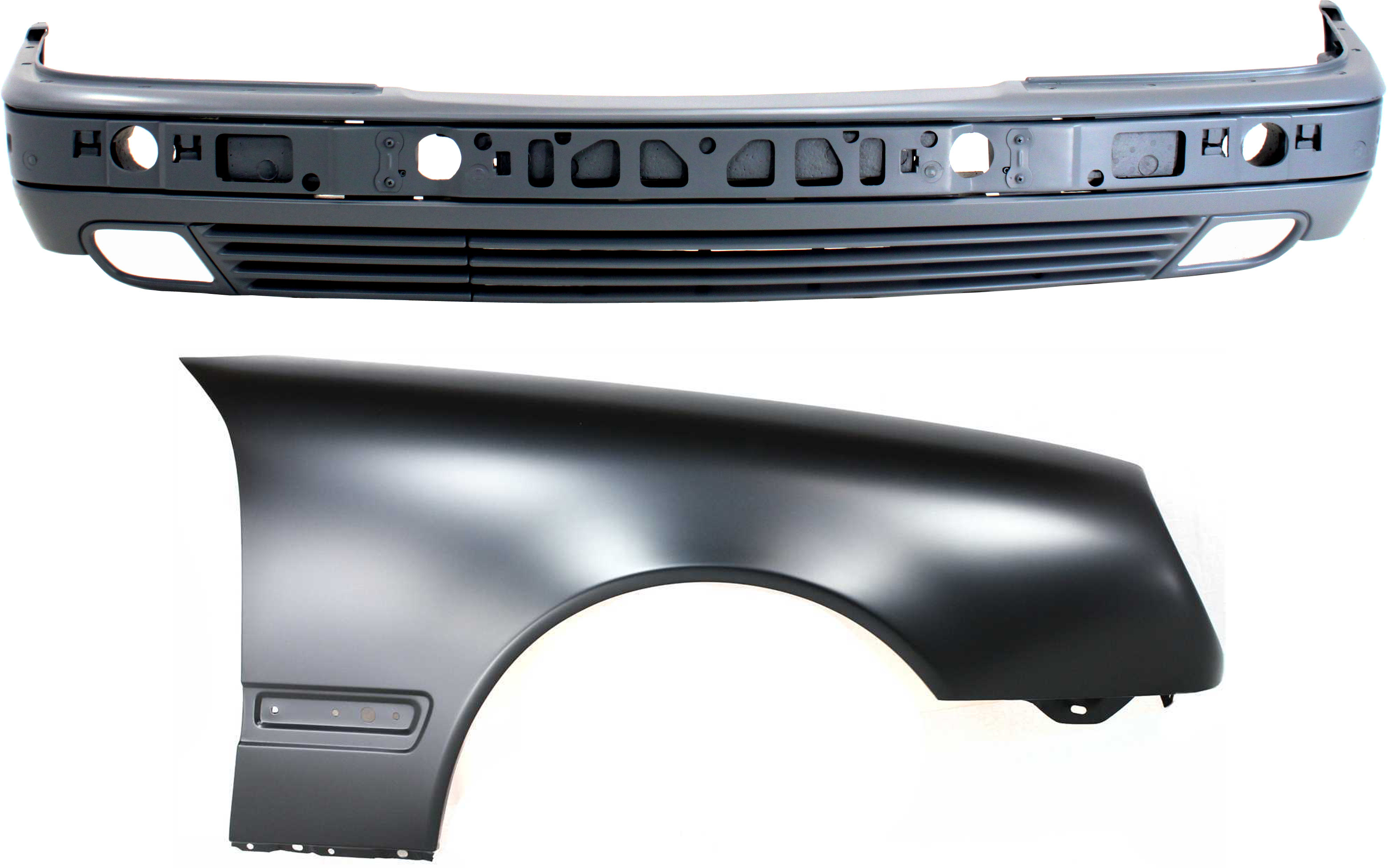 AM E CLASS 96-99 FRONT BUMPER COVER 2 pc Kit Primed with Fender Sedan SKU KIT 012118-07 Partslink MB1000116 MB1241118 OEM 2108805870-2108800418