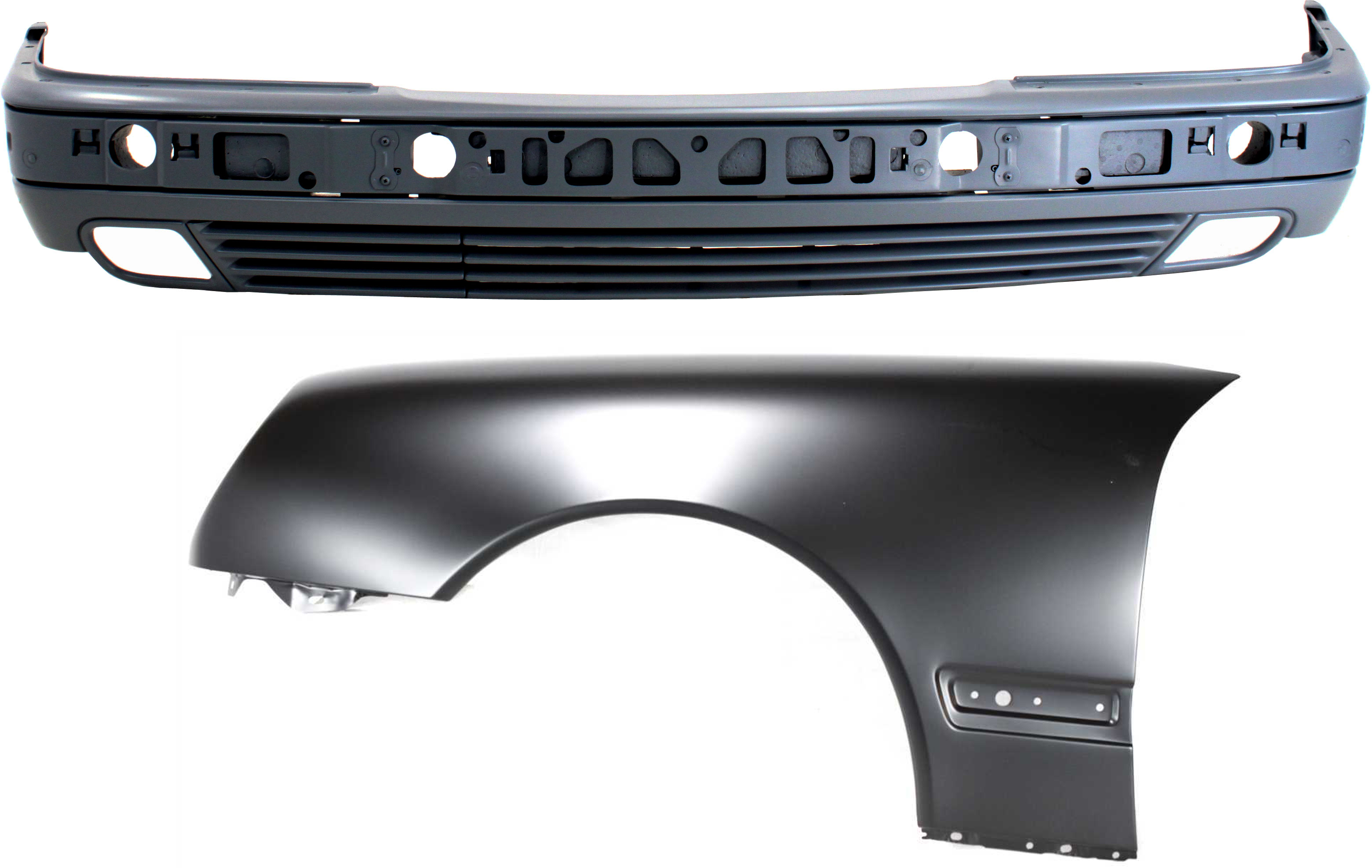 AM E CLASS 96-99 FRONT BUMPER COVER 2 pc Kit Primed with Fender Sedan SKU KIT 012118-08 Partslink MB1000116 MB1240118 OEM 2108805870-2108800318