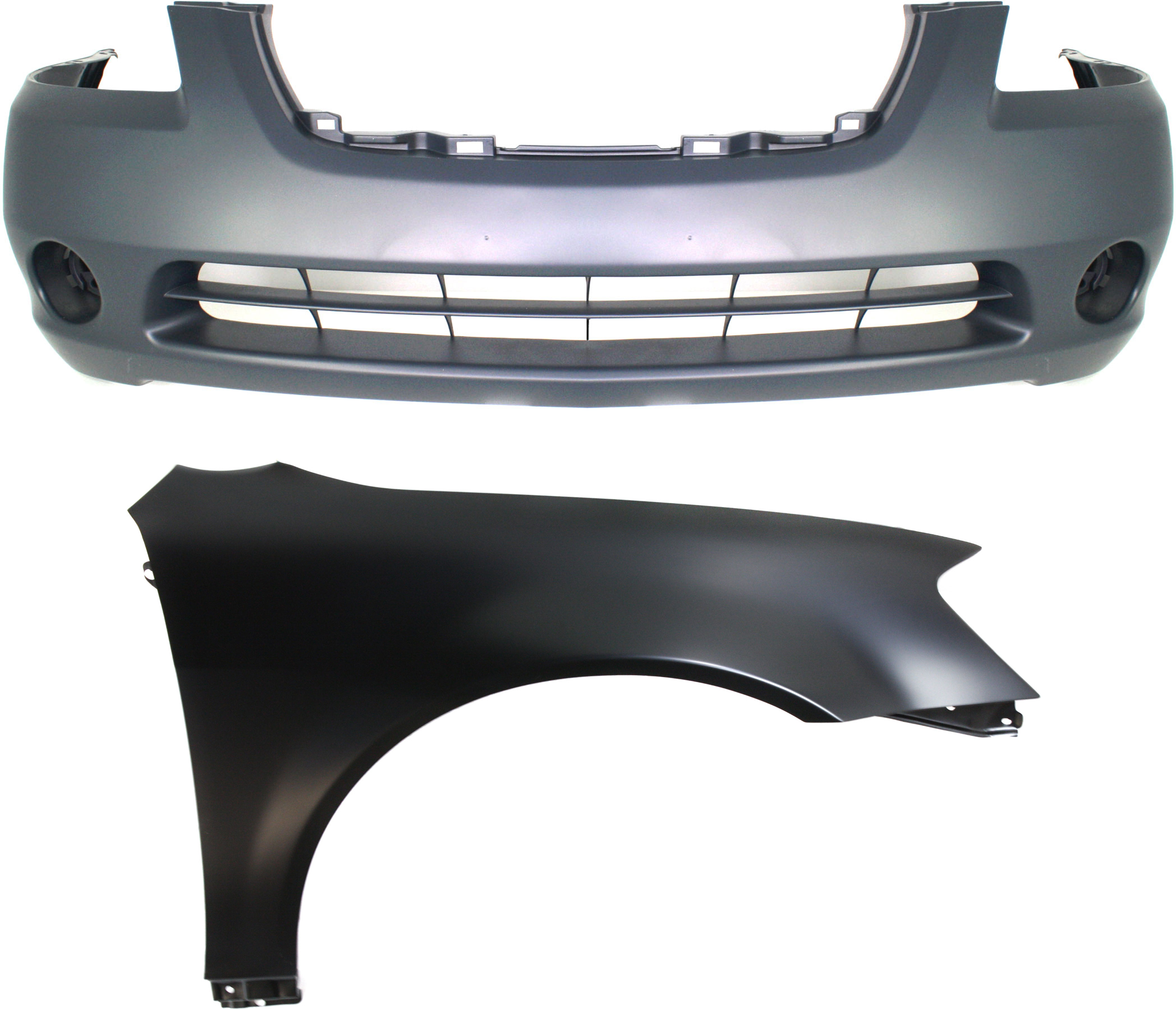 AM ALTIMA2-04 FRONT BUMPER COVER 2 pc Kit Primed with Fender SKU KIT 012118-09 Partslink NI1000193 NI1241171 OEM 620228J040-631128J030