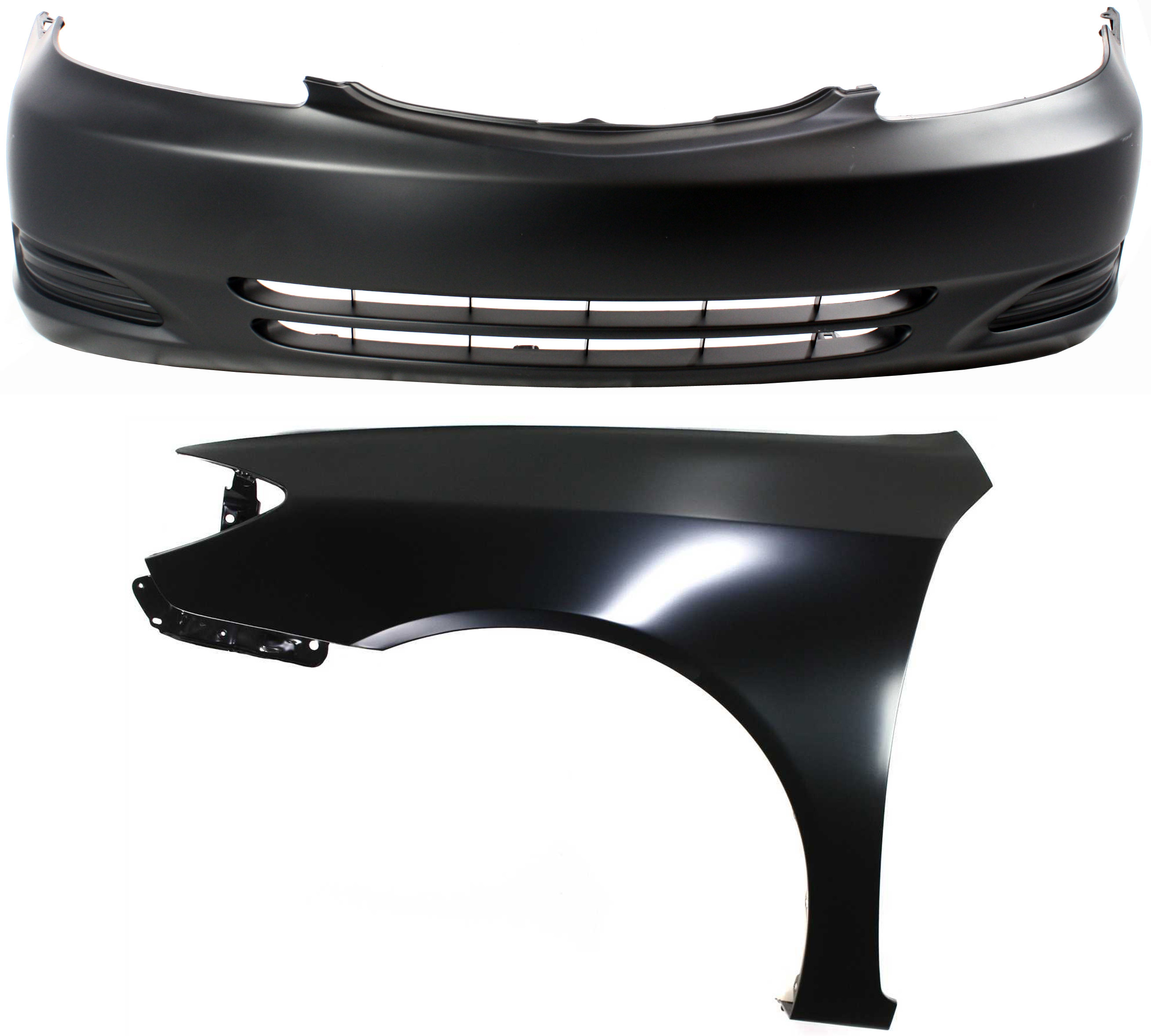 AM CAMRY2-04 FRONT BUMPER COVER 2 pc Kit Primed with Fender SKU KIT 012118-101 Partslink TO1000230 TO1240184 OEM 52119AA904-53802AA020