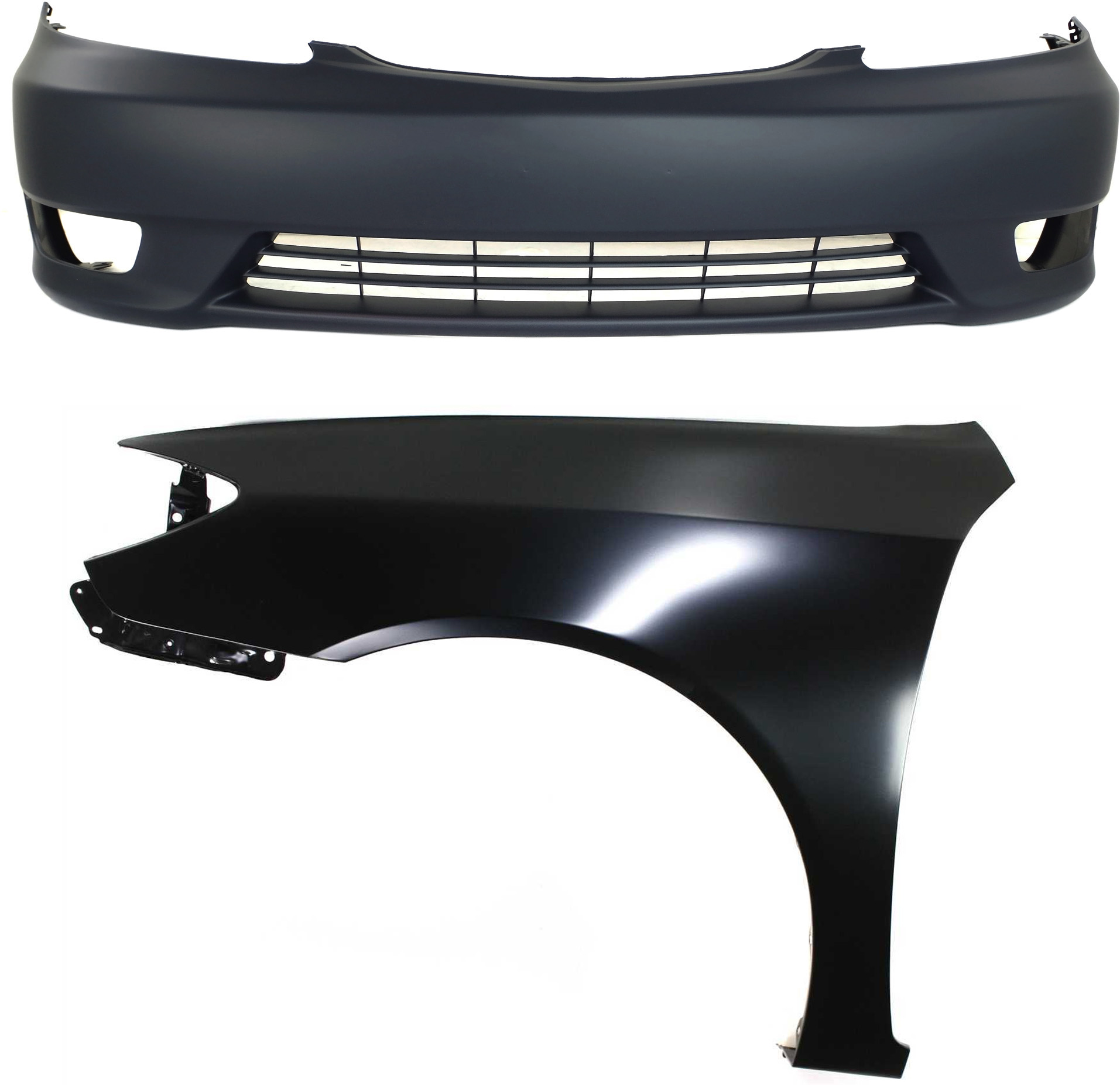 AM CAMRY 05-06 FRONT BUMPER COVER 2 pc Kit Primed SE Model USA Built Vehicle w Fog Light Holes w o parking aid sensor holes with Fender SKU KIT 012118-102 Partslink TO1000285 TO1240184 OEM 5211906908-53802AA020
