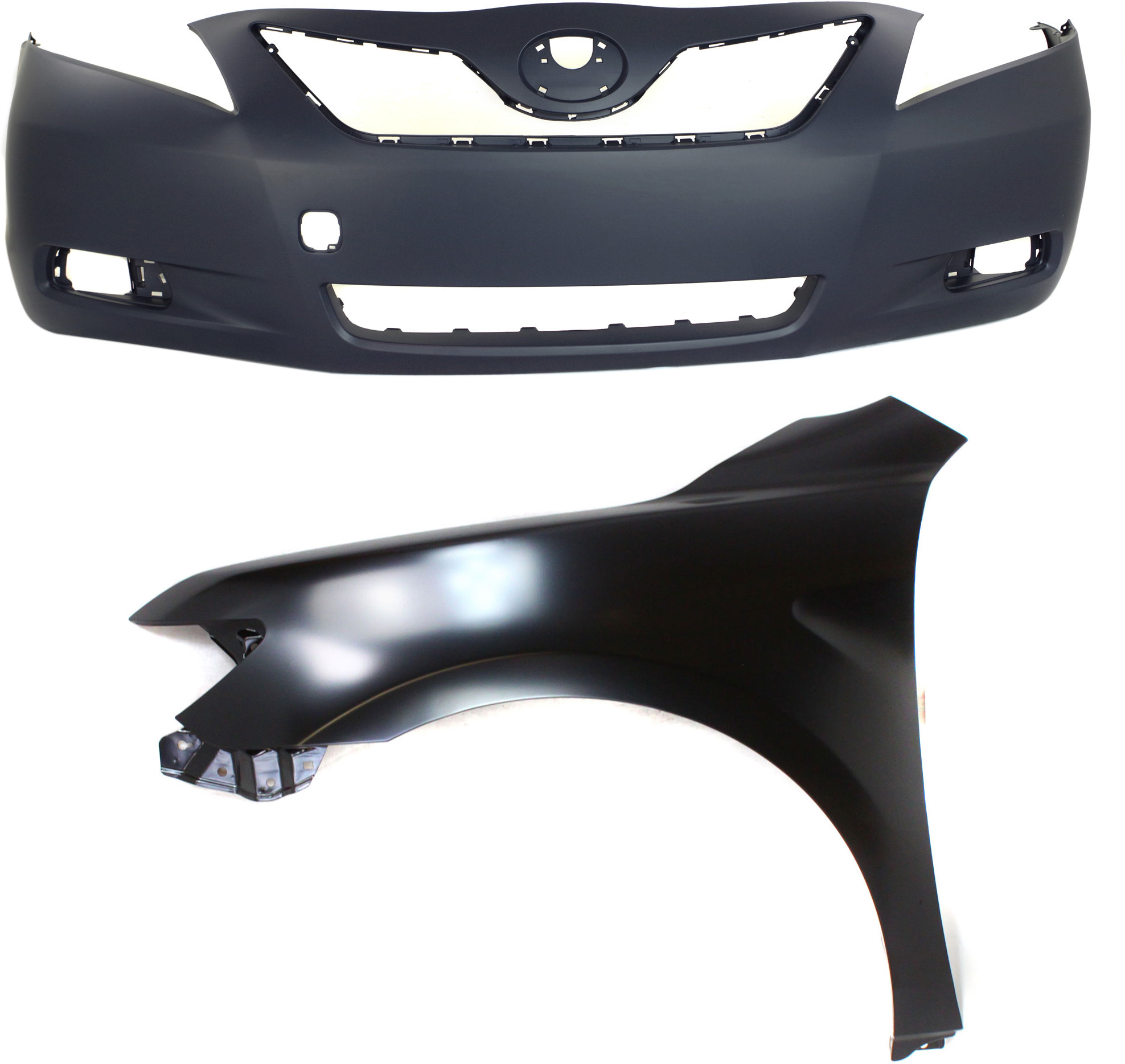 AM CAMRY7-09 FRONT BUMPER COVER 2 pc Kit Primed with Fender Japan Built Vehicle SKU KIT 012118-104 Partslink TO1000327 TO1240211 OEM 5211933943-5380206120