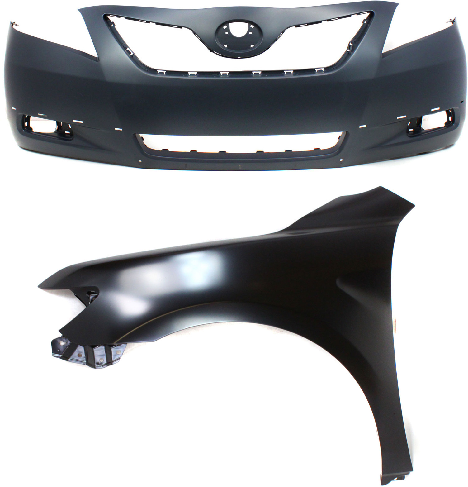 AM CAMRY7-09 FRONT BUMPER COVER 2 pc Kit Primed with Fender USA Built Vehicle SKU KIT 012118-105 Partslink TO1000318 TO1240211 OEM 5211906921-5380206120