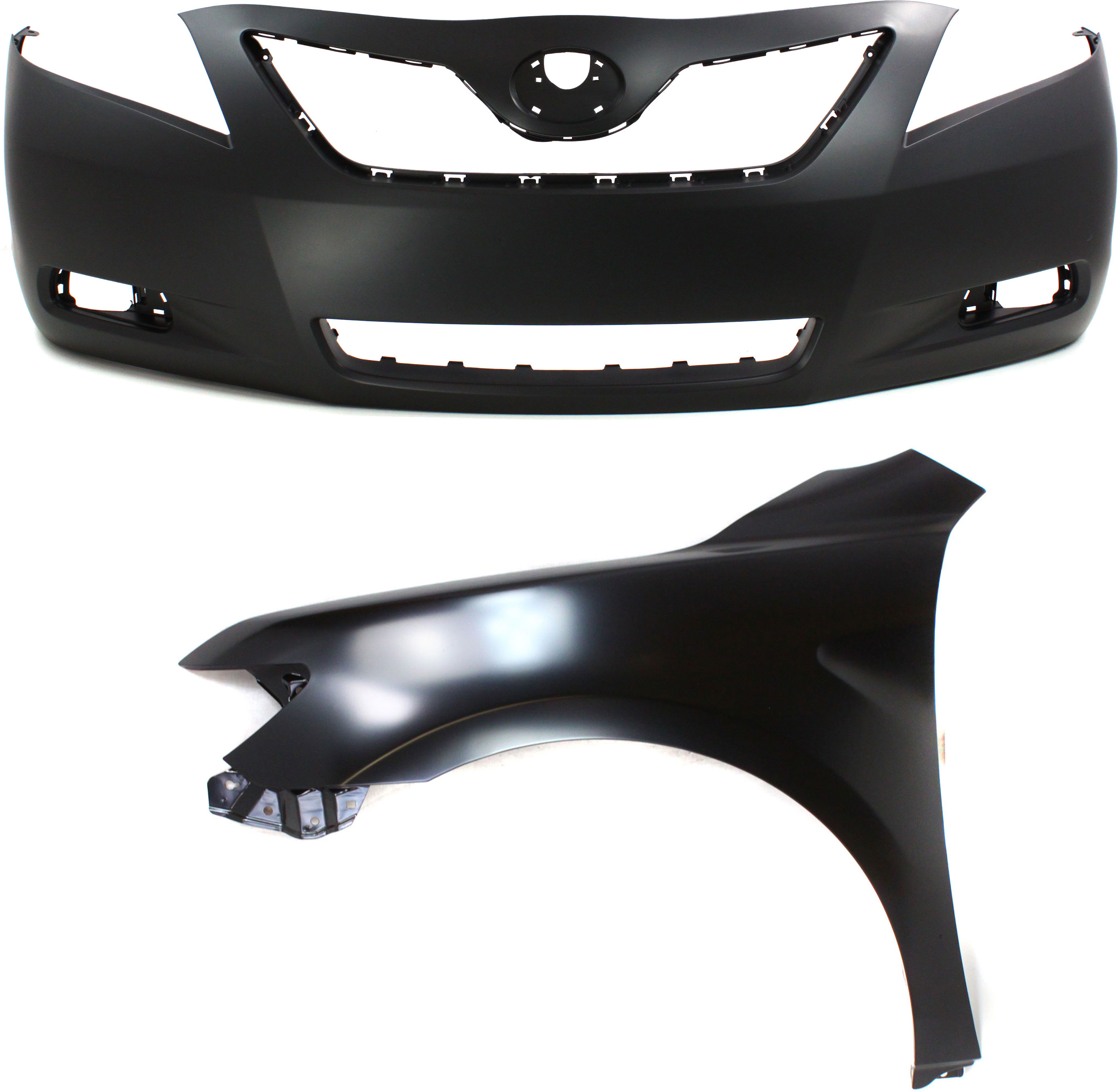 AM CAMRY 07-09 FRONT BUMPER COVER Primed w Fog Light Holes 2 pc Kit with Fender SKU KIT 012118-106 Partslink TO1000329 TO1240211 OEM 5211906919-5380206120