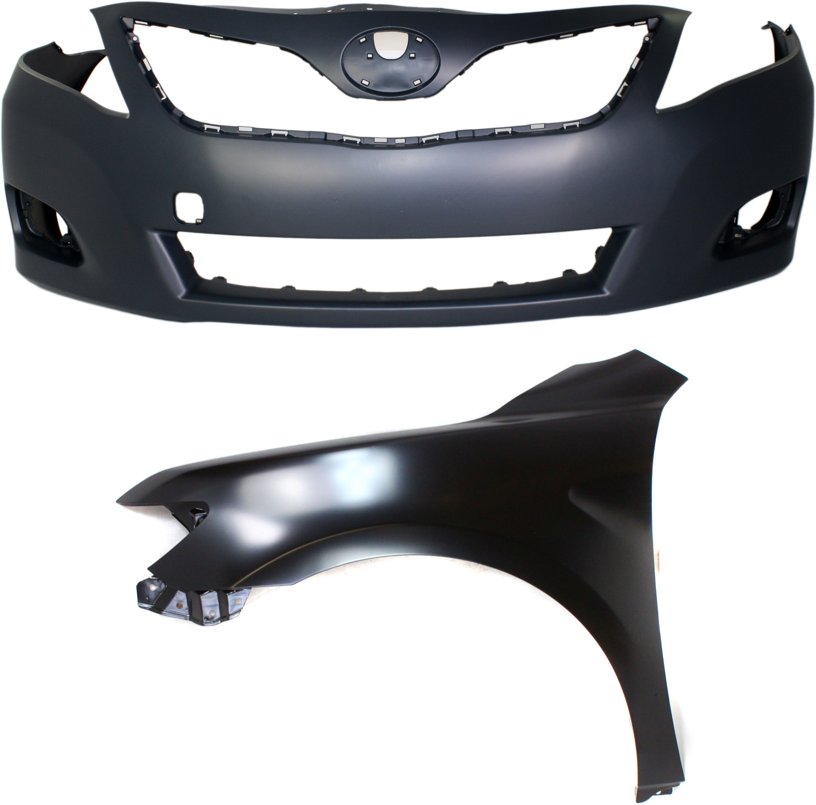 AM CAMRY 10-11 FRONT BUMPER COVER Primed w Fog Light Holes 2 pc Kit with Fender SKU KIT 012118-107 Partslink TO1000357 TO1240211 OEM 5211933966-5380206120
