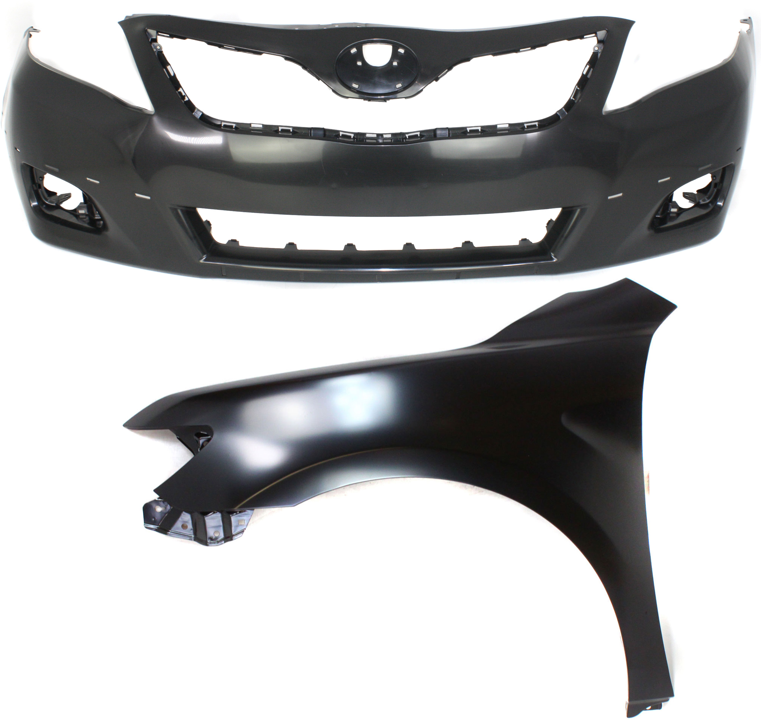 AM CAMRY 10-11 FRONT BUMPER COVER Primed w Fog Light Holes 2 pc Kit with Fender SKU KIT 012118-111 Partslink TO1000355 TO1240211 OEM 5211906959-5380206120