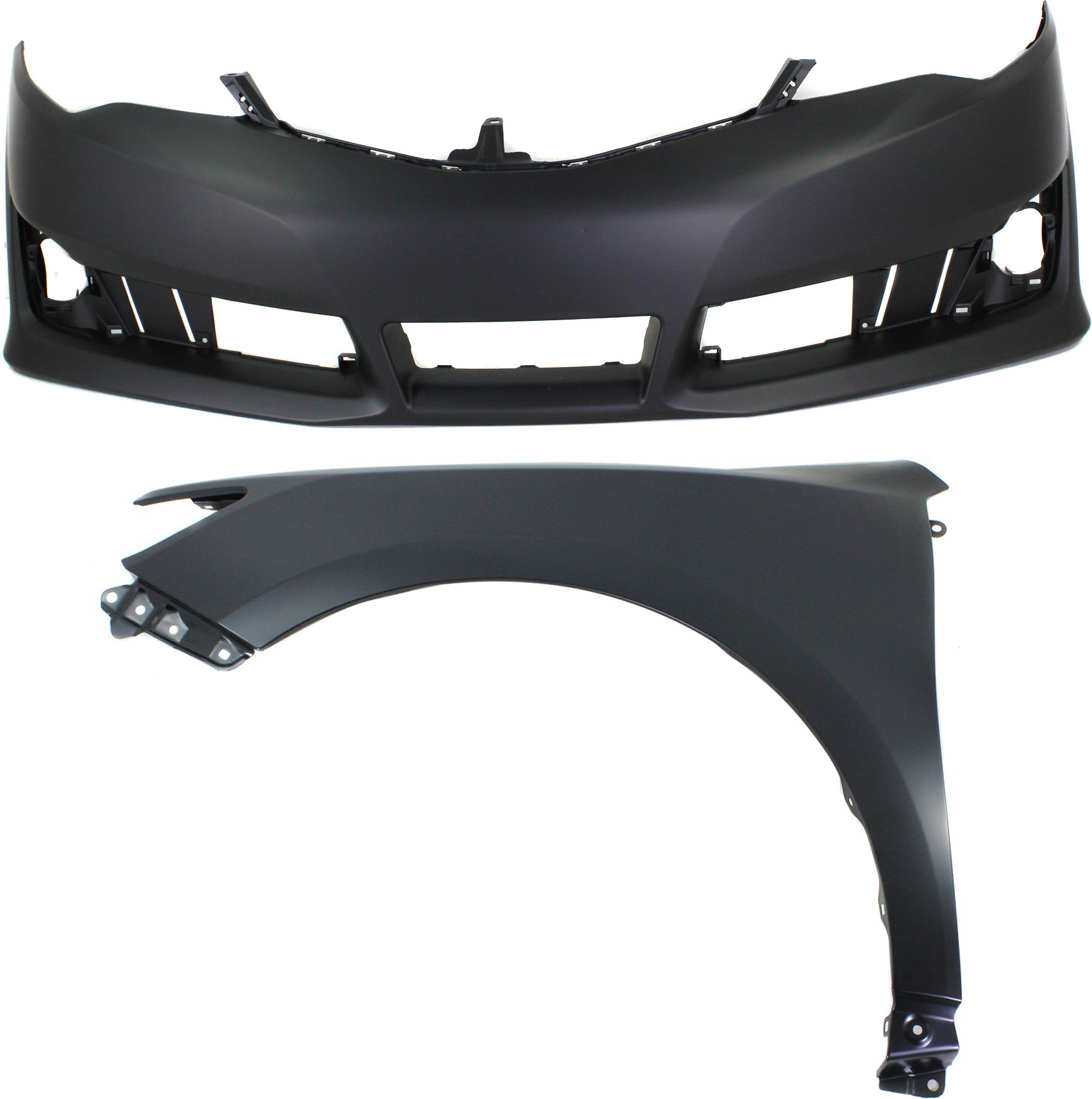 AM CAMRY 12-14 FRONT BUMPER COVER 2 pc Kit Primed with Fender SKU KIT 012118-112 Partslink TO1000379 TO1240239 OEM 5211906975-5381206150