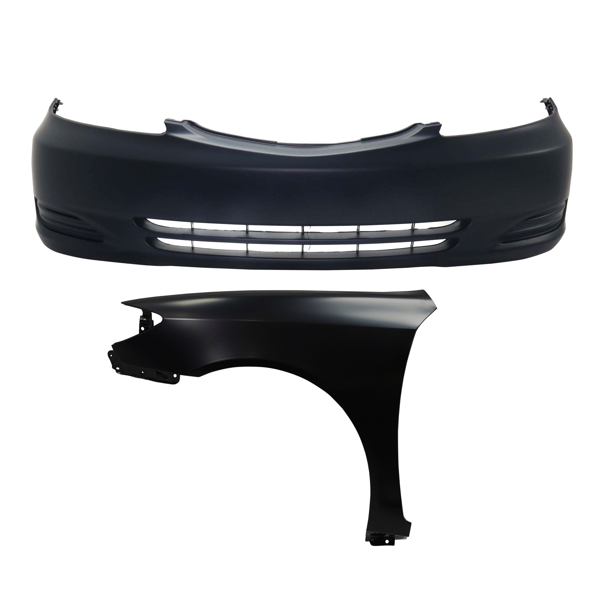 AM CAMRY 02-04 FRONT BUMPER COVER Primed w o Fog Light Holes 2 pc kit with Fender CAPA SKU KIT 012118-115 Partslink TO1000230C TO1240184C OEM 52119AA904-53802AA020