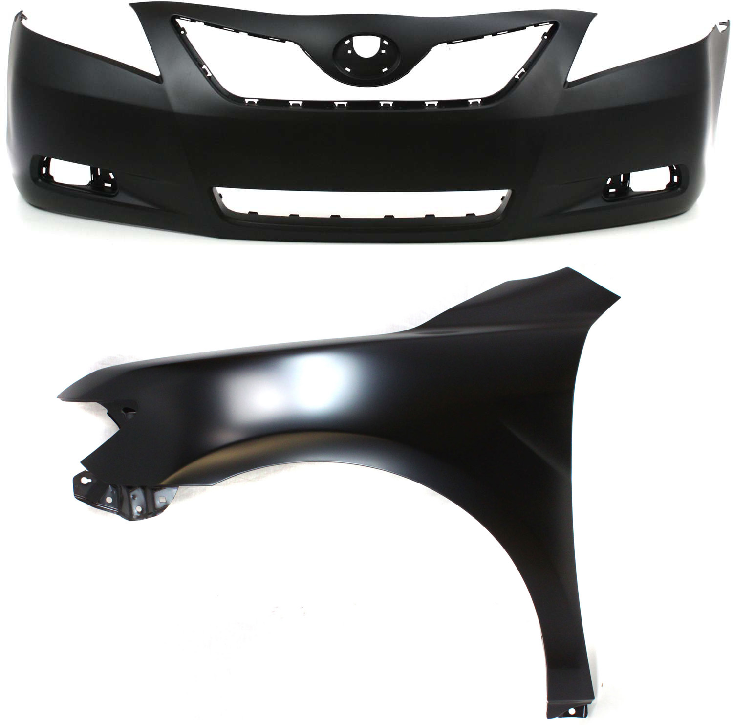 AM CAMRY7-09 FRONT BUMPER COVER 2 pc Kit Primed with Fender USA Built Vehicle CAPA SKU KIT 012118-119 Partslink TO1000329C TO1240211C OEM 5211906919-5380206120